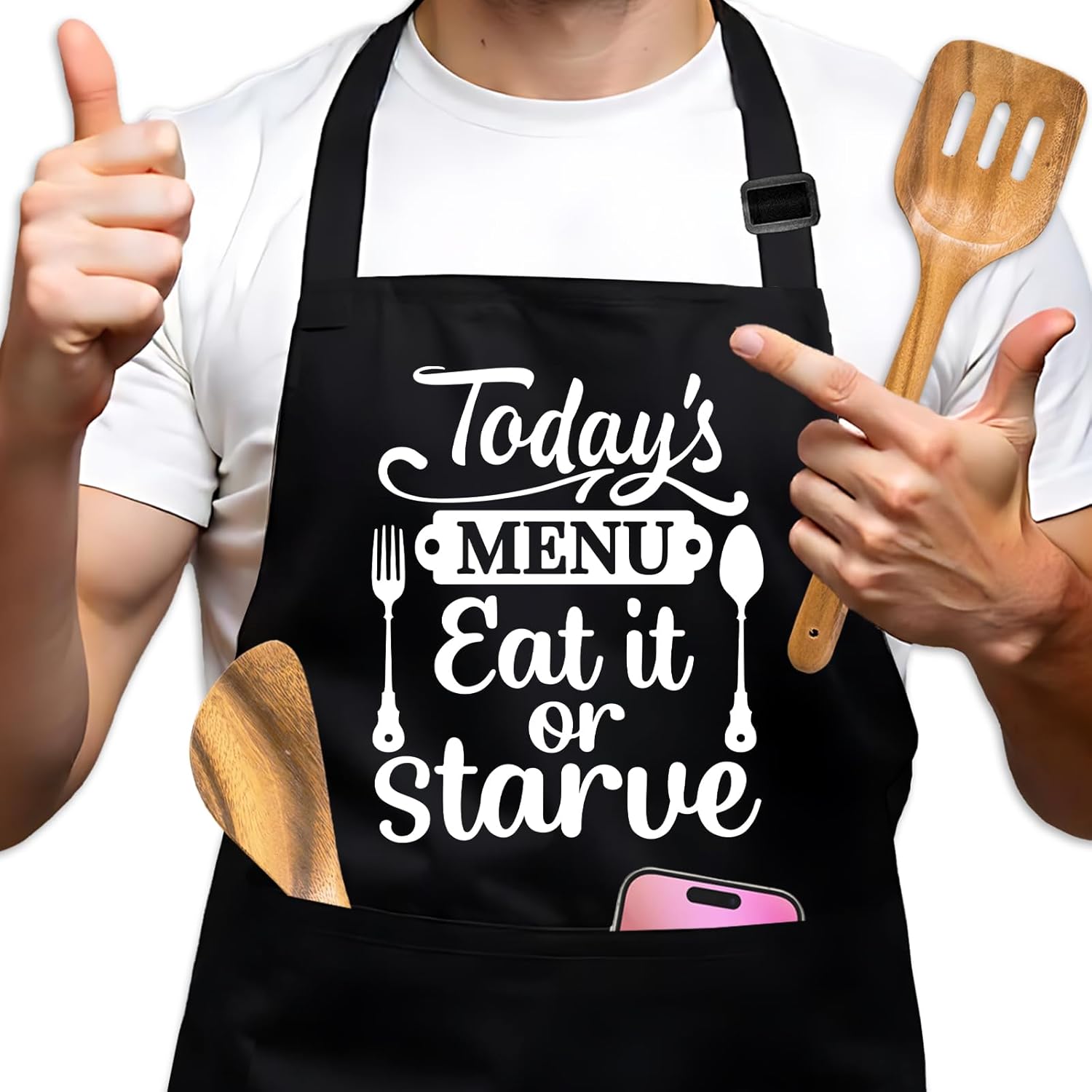 Funny Aprons for Men Women, Today's Menu Eat it or Starve Black Chef Apron, Adjustable Kitchen Cooking Apron with Pockets, Kitchen Gifts for Dad Mom Husband, Birthday Gifts for Chef Friend