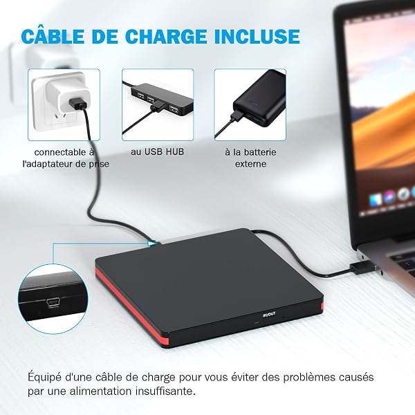 Générique Graveur DVD Externe – Lecteur CD/DVD +/-RW Ultra-Mince, USB 3.0 Rapide, Câble Intégré – Compatible PC, Mac, iMac, MacBook, Ordinateur Portable – Plug & Play pour Windows macOS Linux - 4