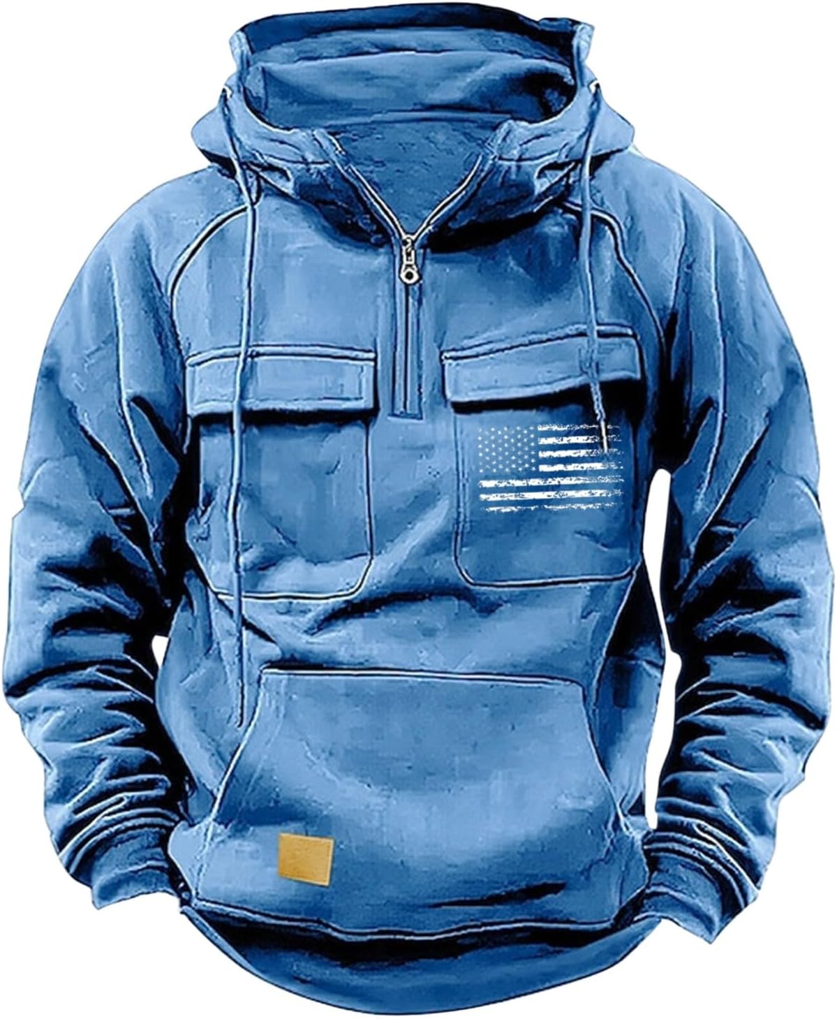 Mens Cargo Hoodies USA Flag Graphic Quarter Zip Drawstring Hooded Tactical Sweatshirts Military Workout Pullover