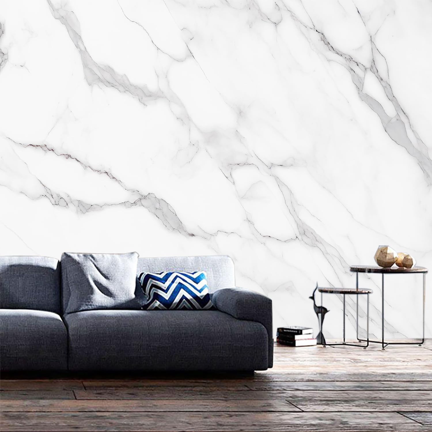 Elegant Marble Mural and Light-Colored Striped Bedroom Wallpaper (Self-Adhesive) - 85"x118"