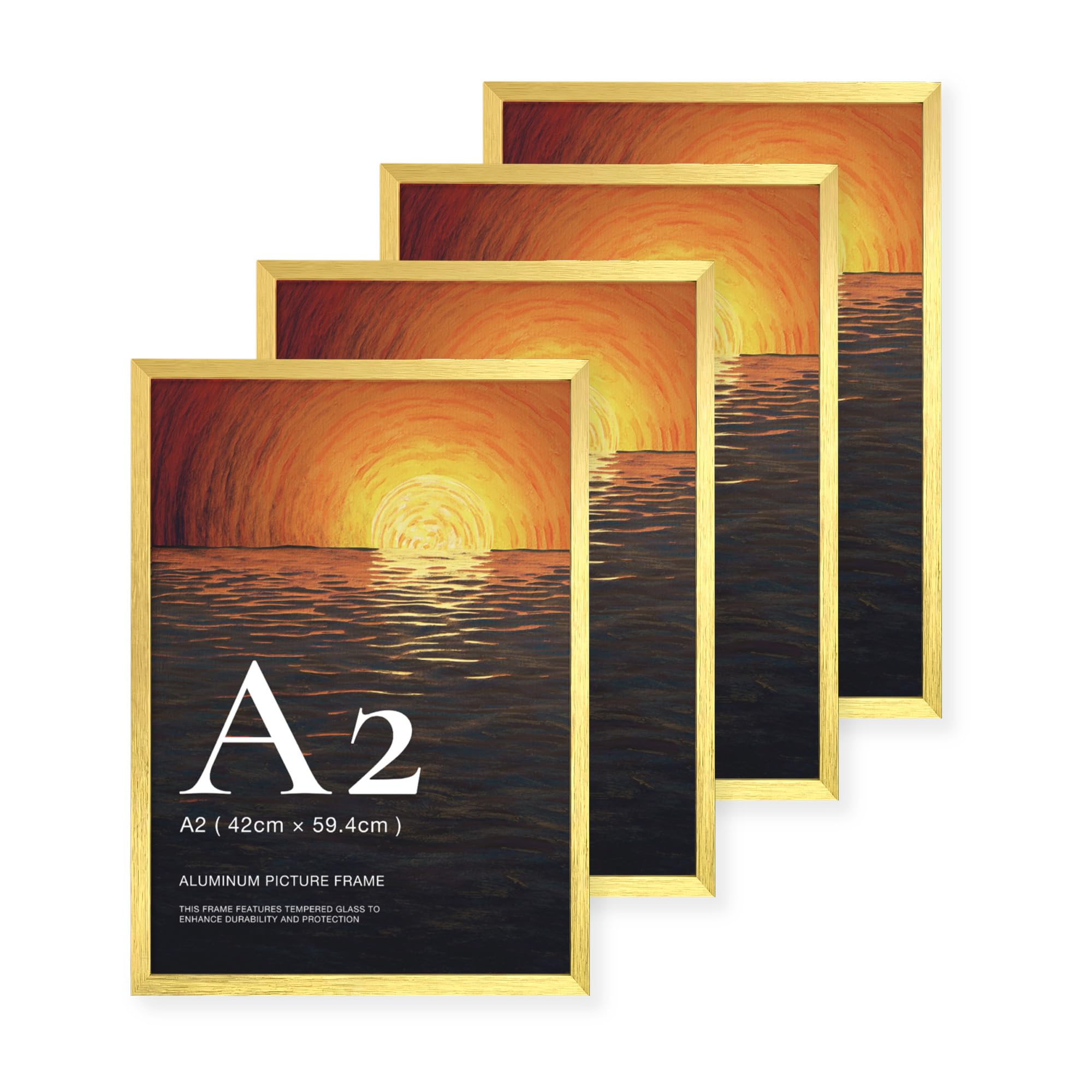 LIVINGTASTE A2 Picture Frame Brushed Gold Aluminium, 4-Pack 42x59.4 cm Photo Frame with Plexiglass Front, for Posters, Artwork, Presentations and Wall Display 4pk