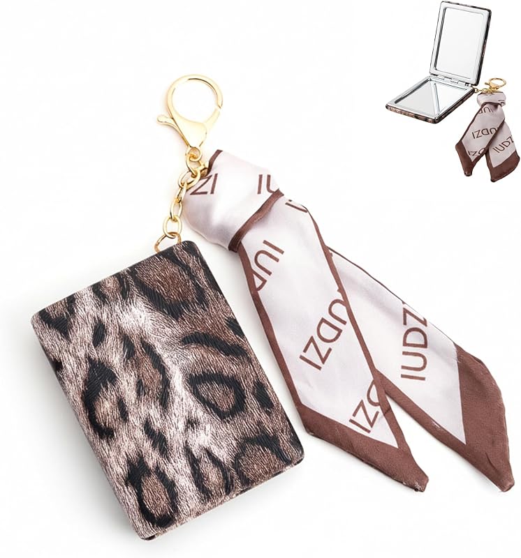 Espelho compacto dobrável Jekvill com chaveiro, dupla face, ampliação 1x/3x, estampa de leopardo