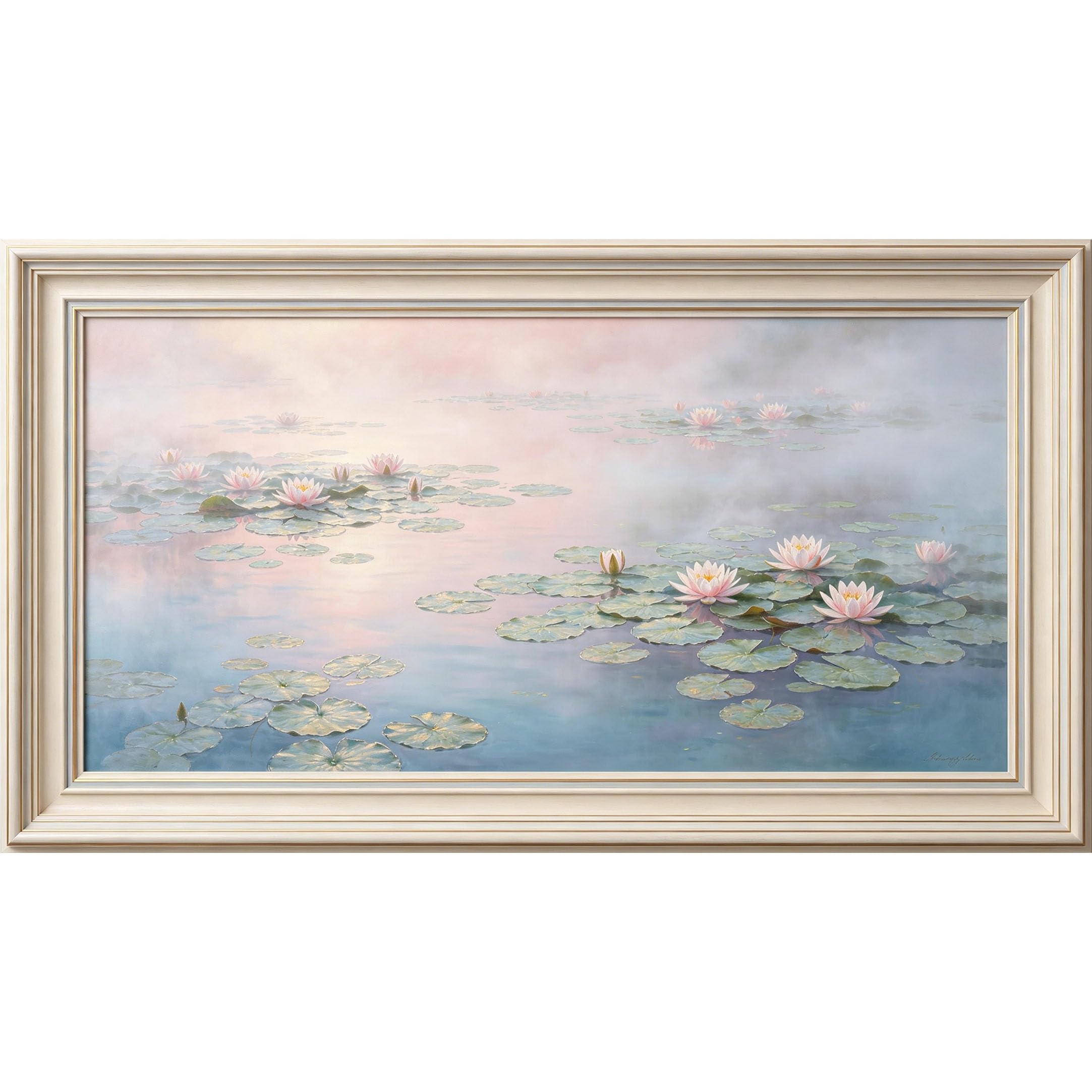 QZLITHOTIC 50x90cm3D Framed Wall Art， Misty Water Lily Pond Landscape Self‑Adhesive Mural， Water‑Activated Peel & Stick Fabric Decor Wall Decal for Bedroom Living Room