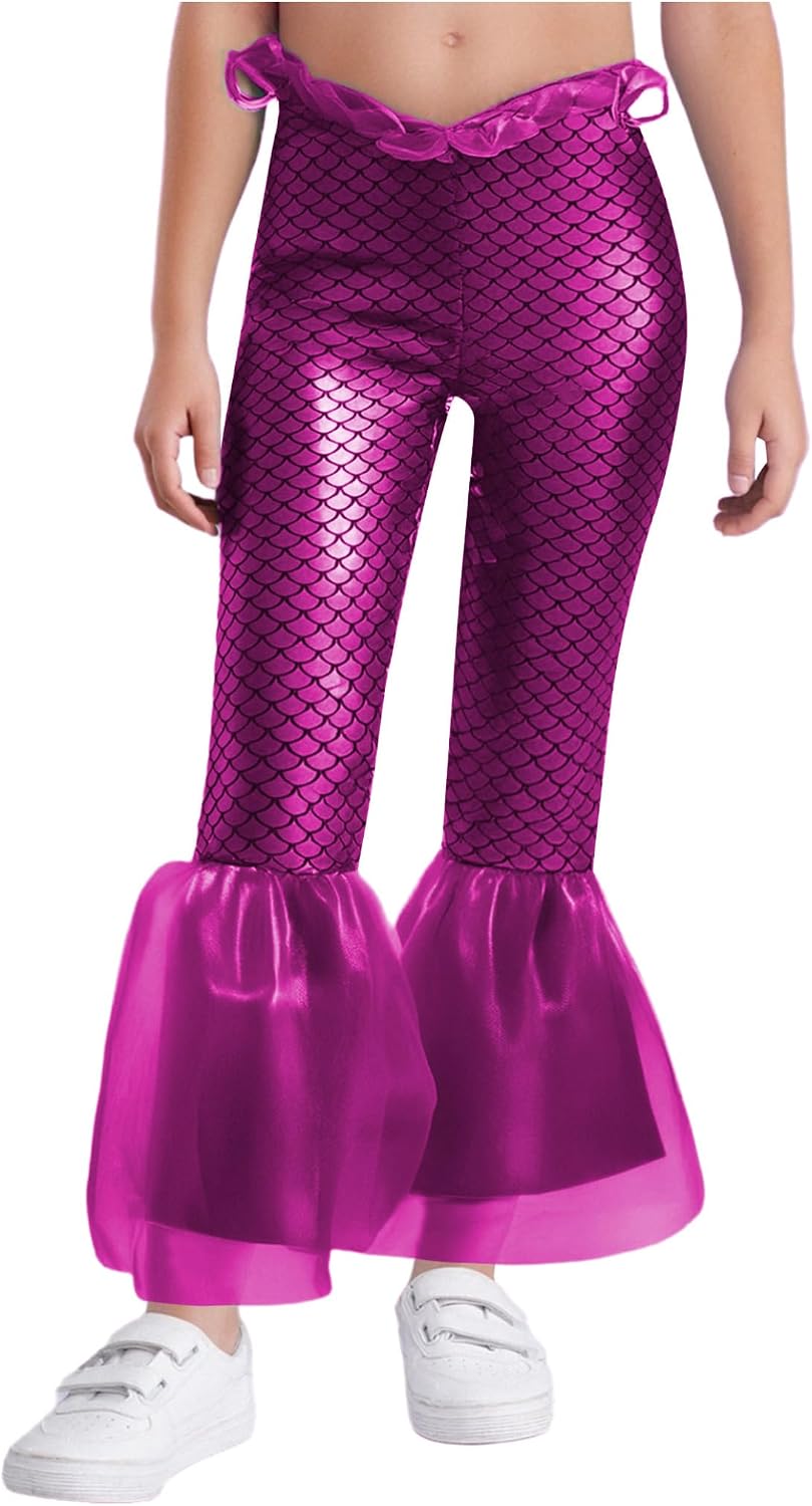 Girls Kids Mermaid Leggings Flared Shiny Pants Dance Stage Performance Fish Scale Printed Bell Bottoms