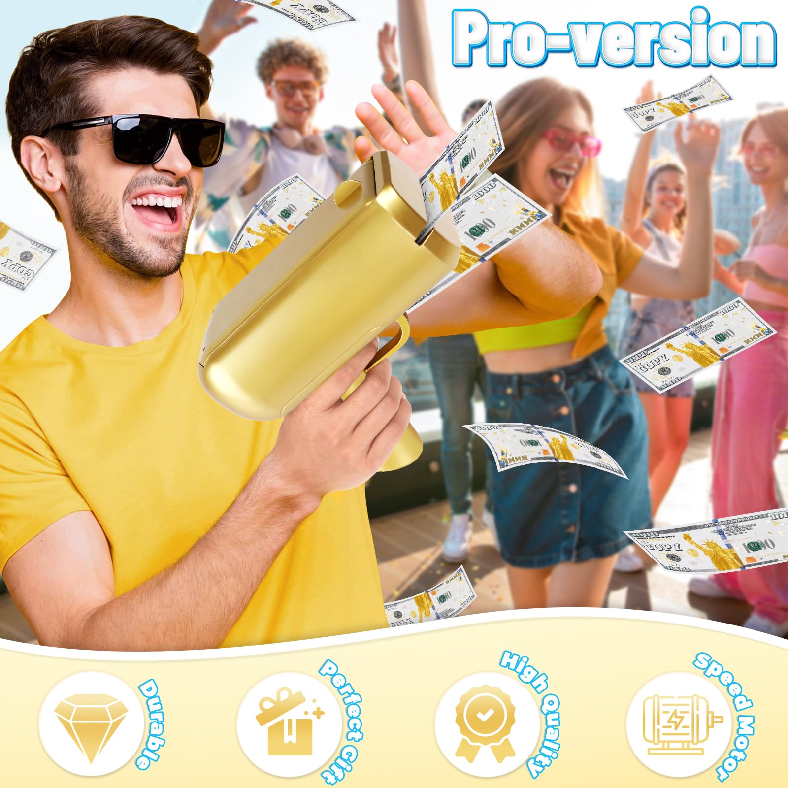 Gold Money Gun Shooter and 201 PCS Props (No Real Function) and 3 AA Batteries, Money Gun Paper Playing Spary Paper Handheld Money Thrower Gun Fun Toy Money Shooter Gun for Movie Photo Partys