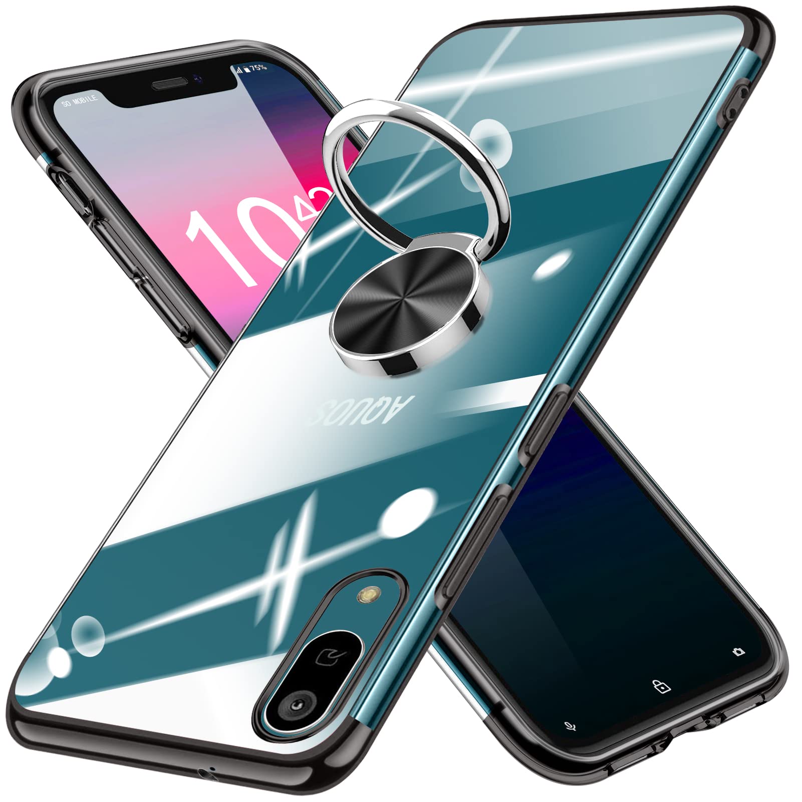 AQUOS sense3 ケースクリア リング付き sense3 lite ケース 耐衝撃 TPU バンパー メッキ加工 SH-02M SHV45 SH-RM12 専用保護カバー 透明 軽量 薄型 指紋防止 車載ホルダー アクオスセンス3 カバー 黒 MDY-DDZH-01-01