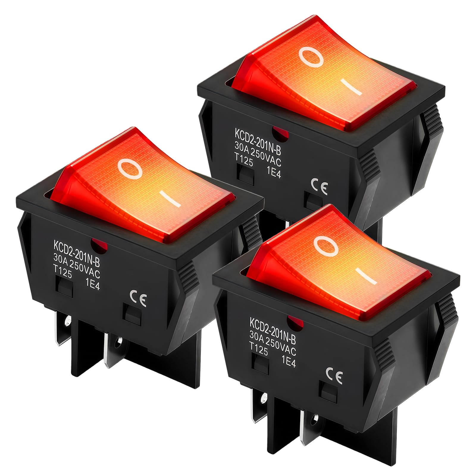 3PCS Rocker Switch DPST 4 Pin 30A 250V KCD2 KCD4, 120V Toggle Switch On Off, Sturdy and Easy to Wire, Red Lighted Switchs, Heavy Duty T125, Premium Boat Rocker for Car Marine Coffee Machine Heater