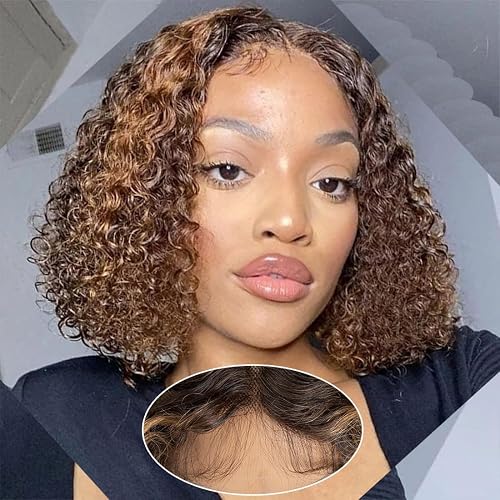 Short y Curly Lace Front Wig 8 inch Bob Deep Curly 13X4X1 HD Lace Front Wig for Women Brazilian Virgin Human Hair Wigs with Bangs Natural Looking TTF4/27-1