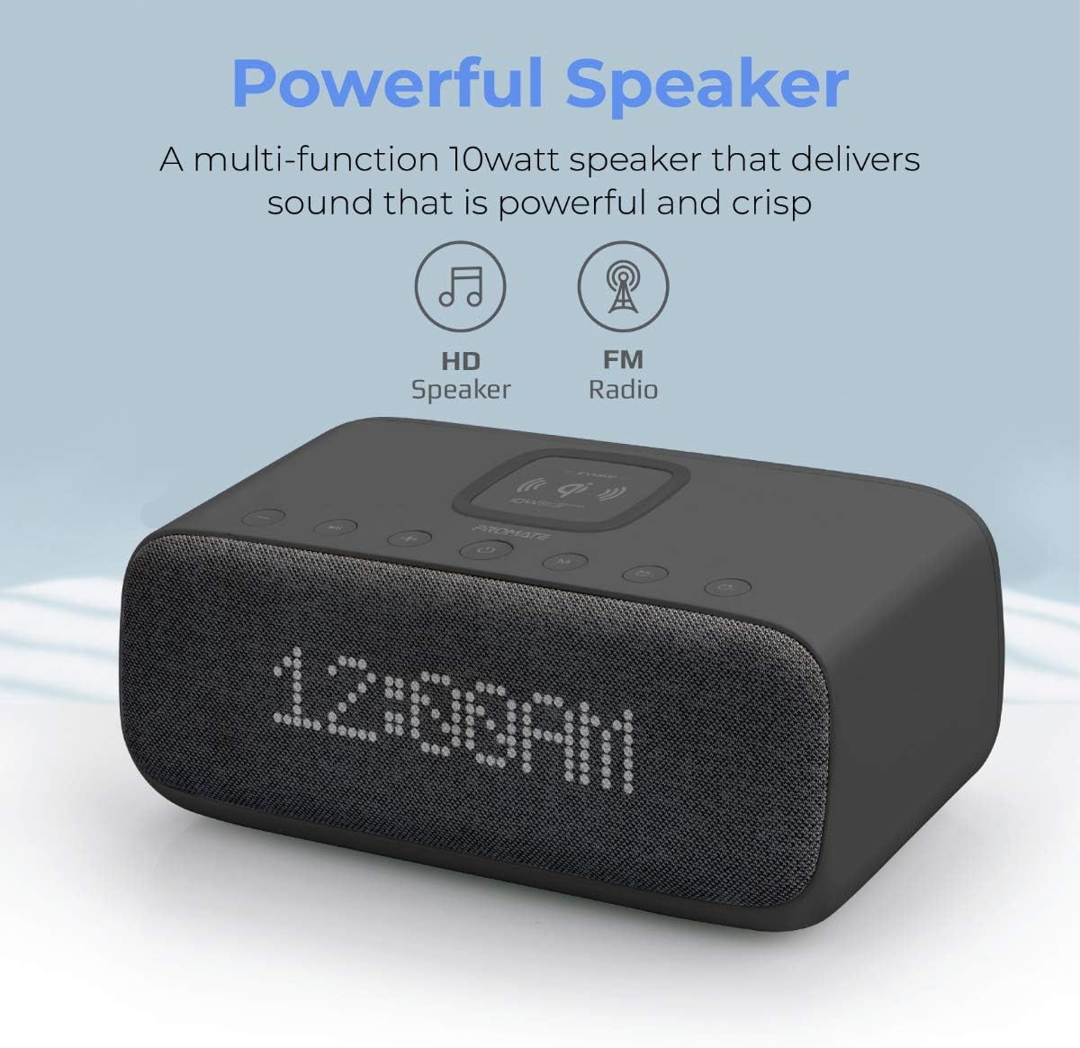 Promate Evoke Digital Alarm Clock with text 'Powerful Speaker'