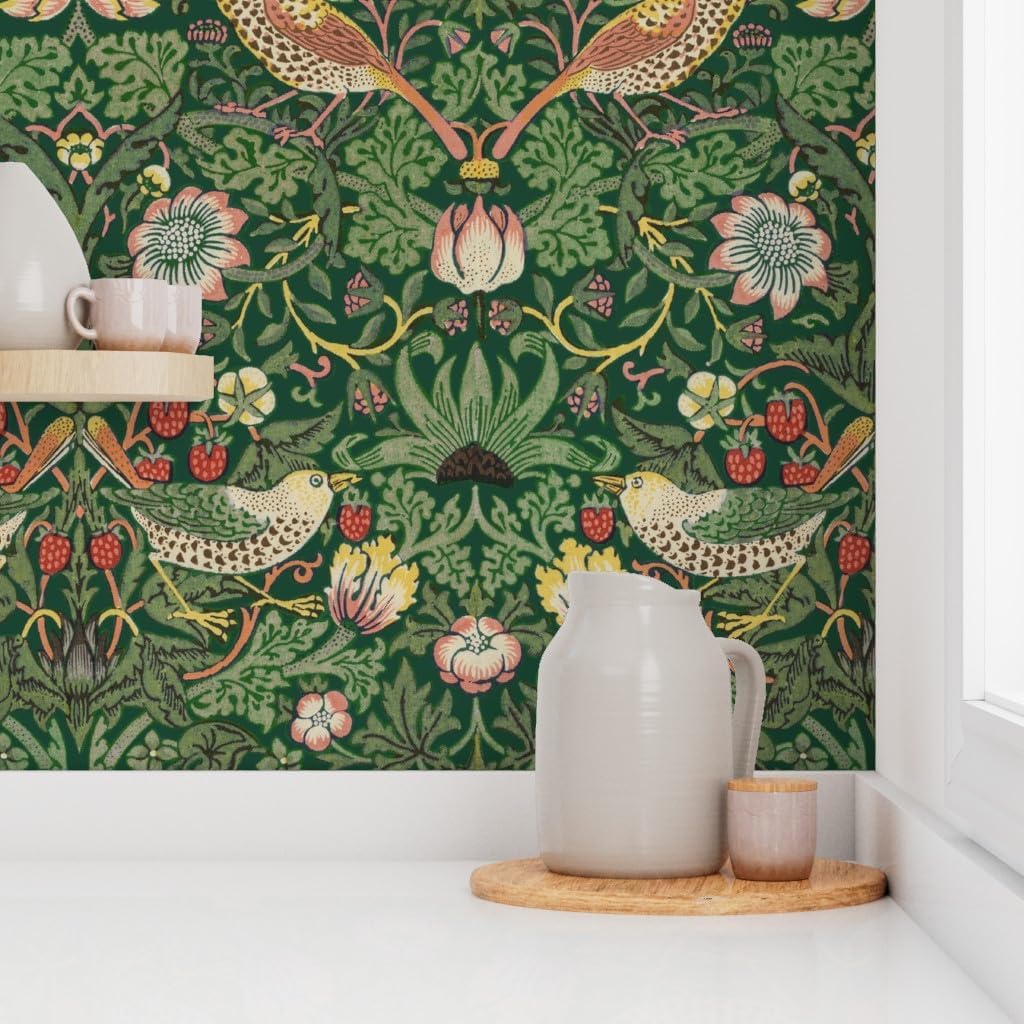 Peel & Stick Wallpaper Swatch - William Morris Victorian Antique Green Forest Garden Damask Art Nouveau Nature Birds Fruits Custom Removable Wallpaper by Spoonflower