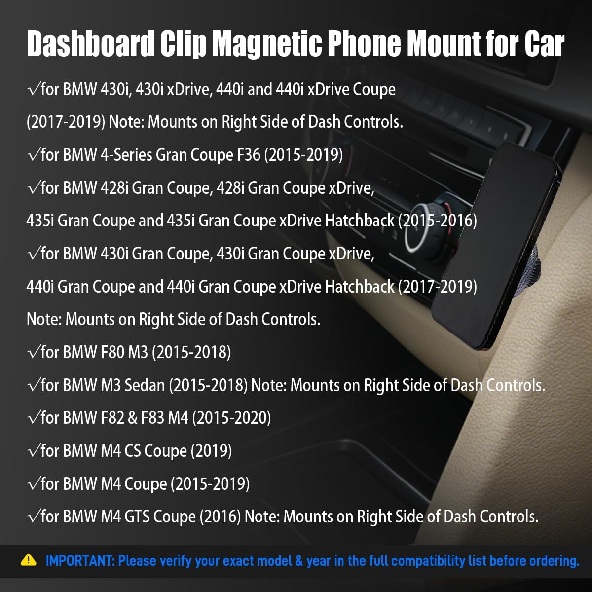 Upgraded with 15W Wireless Charging, Strong Magnetic Phone Mount for BMW 2 3 4 Series M3 M4 F22 F30 F32 F80 F82 - Left Hand Drive Specific Fit, No-Damage Metal Car Phone Holder, Dashboard Clip