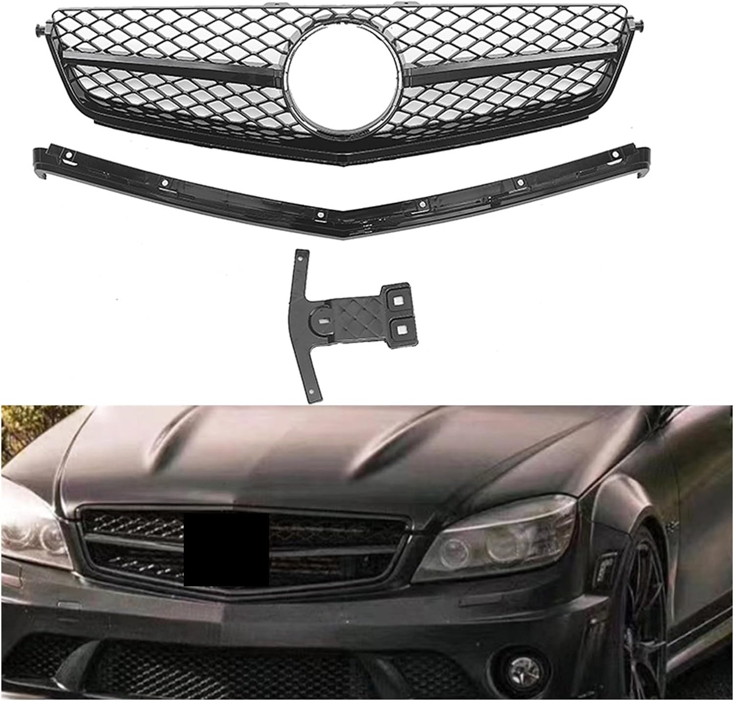 フロントグリルグリルベンツ W204 C クラス 2008-2011 C63 と互換性のある AMG のみブラック/シルバーフレーム
