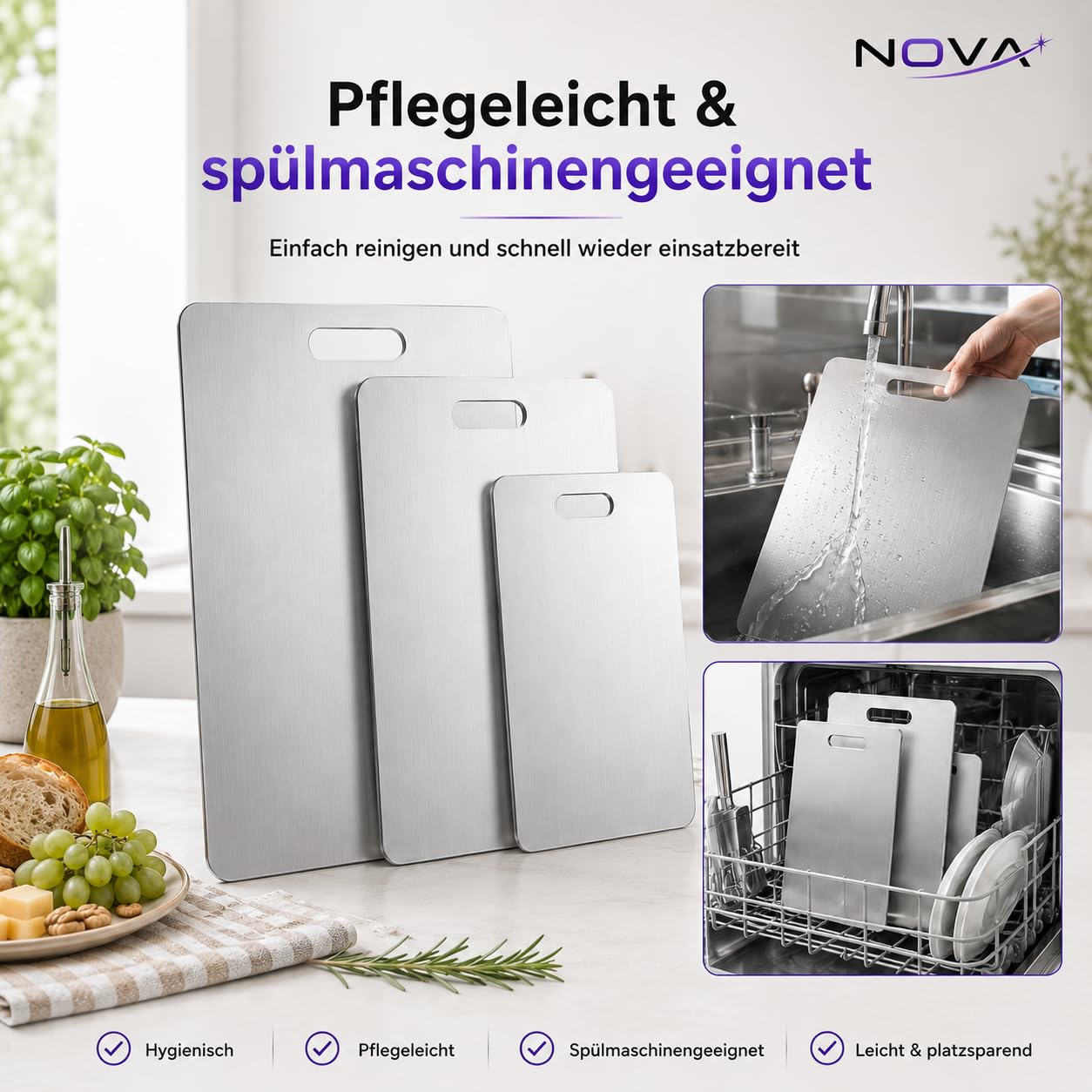NOVA Titan Schneidebrett 3er Set S M L, Edelstahl Schneidebrett Set spülmaschinenfest, hygienische Schneidebretter geruchsneutral & platzsparend, Titanium Cutting Board für Obst Gemüse Brot Käse
