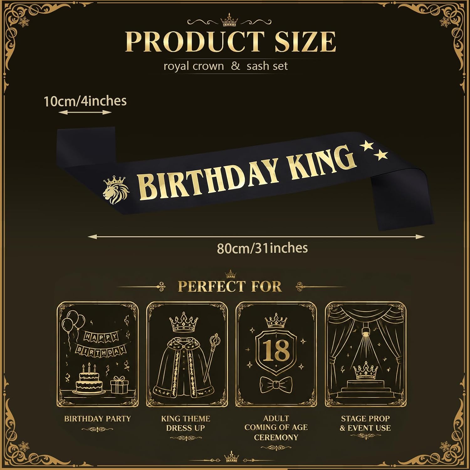 Gold Black King Crown and Birthday Sash Decoration Set for Men Royal Tiara image 3