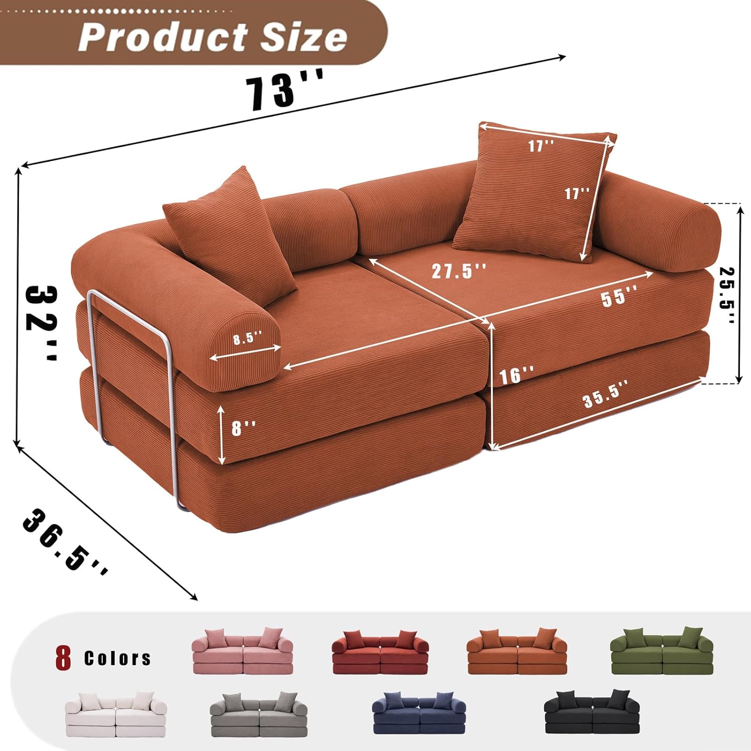 73" Convertible Modular Folding Sofa Bed, 5-in-1 DIY Combination Fold Out Sleeper Sofa Bed, Loveseat sleeper Couch with Removable Armrests, Corduroy Floor Couch, Small couches for small spaces, Orange