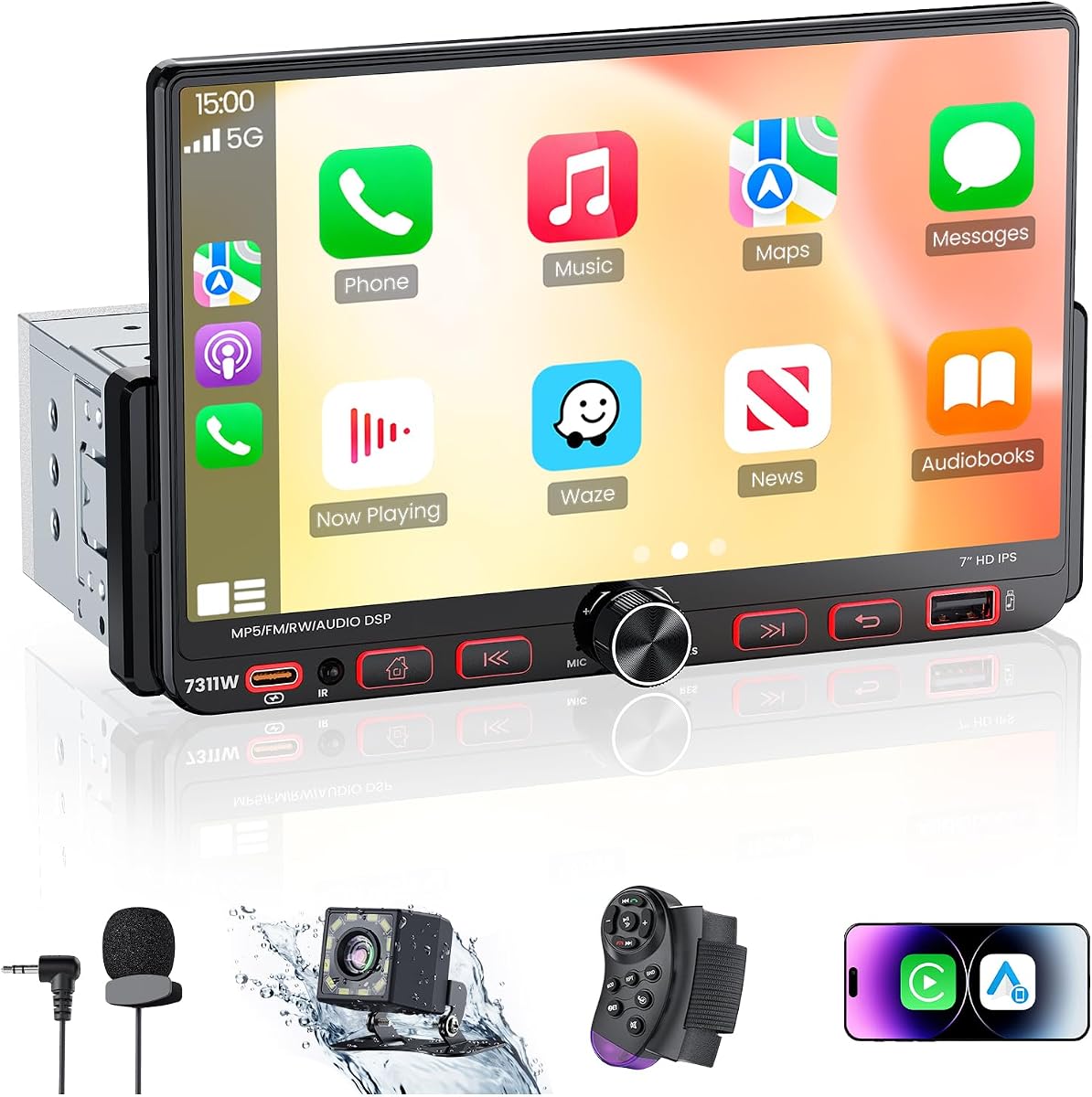 7“Single Din Radio Car Stereo with Apple CarPlay & Android Auto | UHD Touchscreen Car Radio,Bluetooth 5.3,Type-C Fast Charging, 1080P Backup Camera,GPS,AM&FM,Voice Control,Mirror Link,EQ