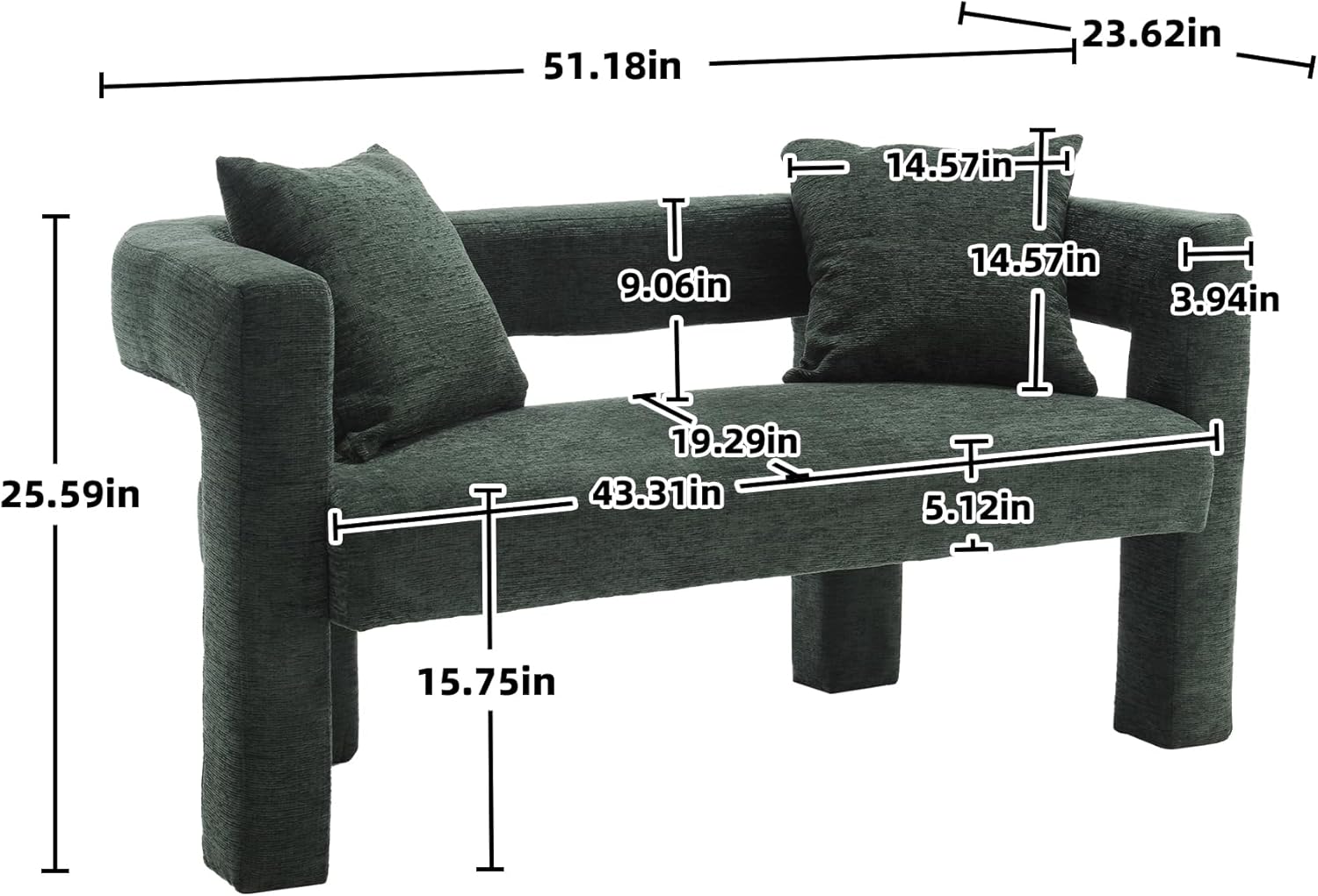 51" Minimalist Chenille Loveseat with Curved Open Backrest, 2-seat Compact Sofa with 2 Soft Pillows, Accent Couch with high-density sponge & Solid Wood Frame for Living Room Art Gallery, Emerald