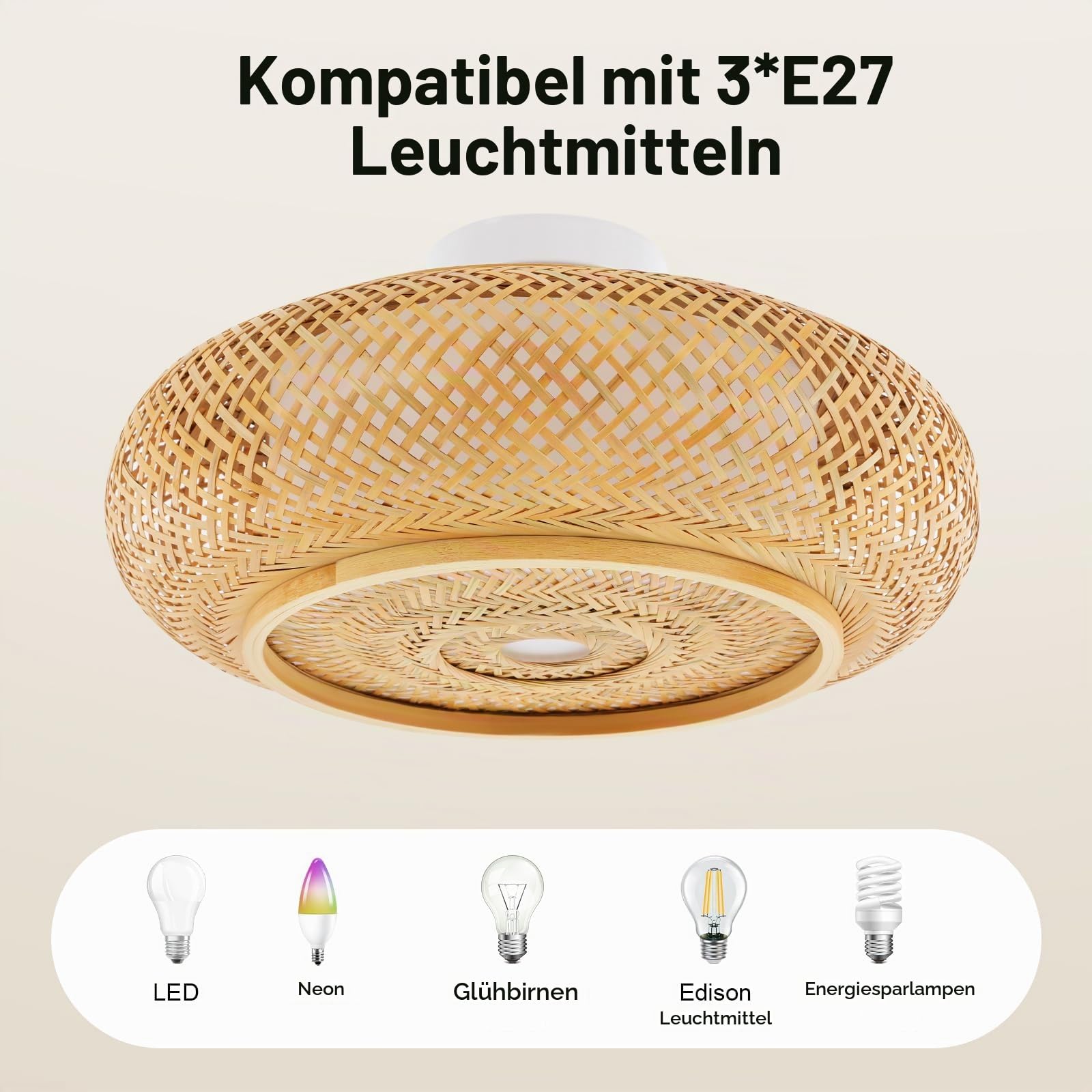 Bambus Deckenleuchte LED, Rattan Lampe mit Fernbedienung, Dimmbare Deckenlampe – Handgewebte Naturfaser Pendelleuchte E27 40W, Kronleuchter für Wohnzimmer, Schlafzimmer, Flur, Küche (40cm, Gelb)