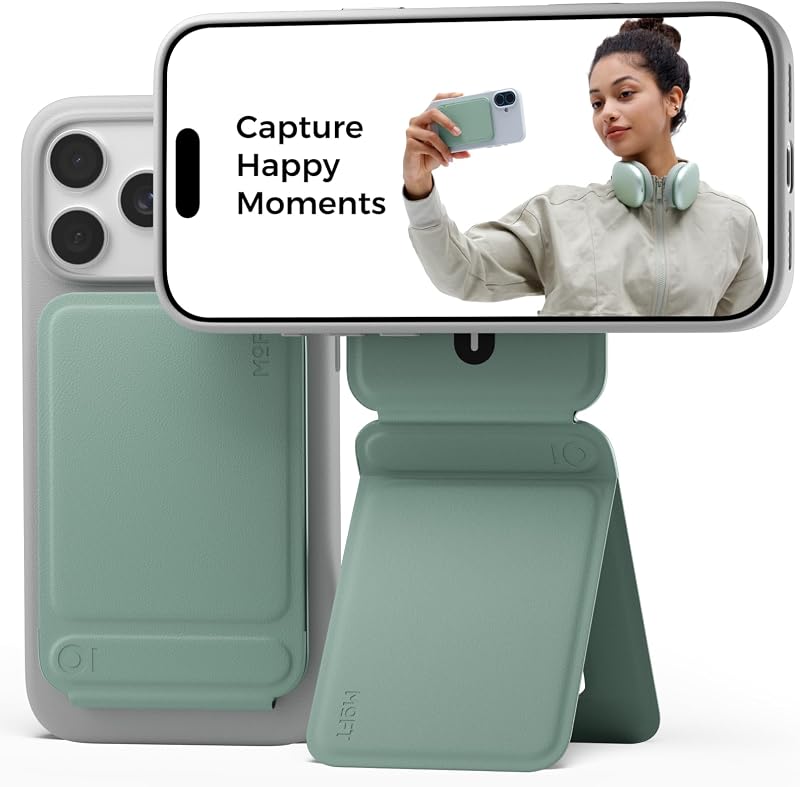 Phone Tripod Stand, Portable Selfie Stick for iPhone, Mulit-Angle | Pocket Size | Strong Magnets l MOVAS Leather | Magsafe Compatible | Easy to Charge | Stylish |For Content Creators