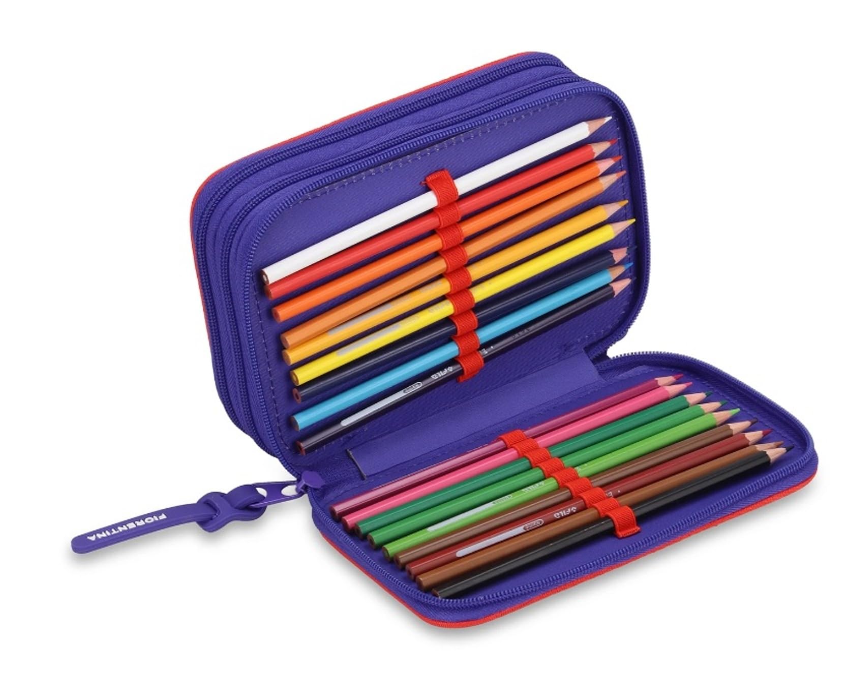 PRESTIGE & DELUXE Astuccio scuola Fiorentina Viola - 3 piani chiusura zip - completo di cancelleria + Astuccio ovale zip + omaggio portachiave