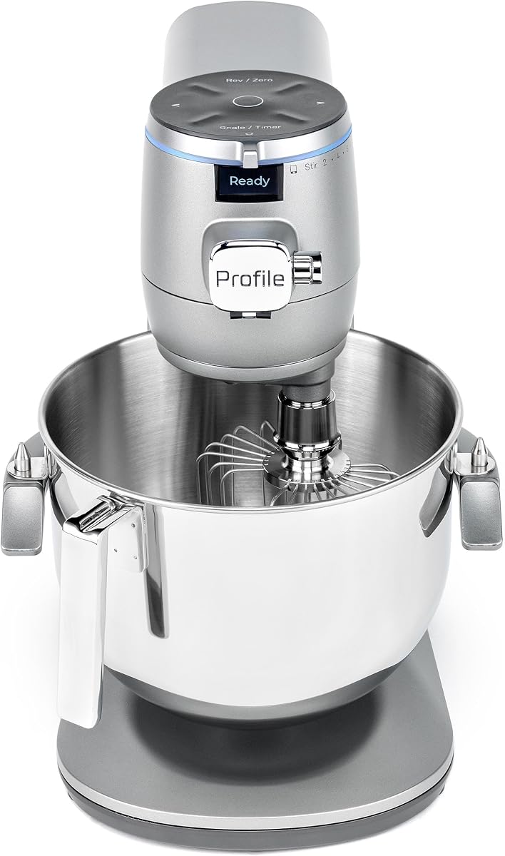 Mezclador de soporte inteligente GE Profile con cuenco de 7 qt, báscula incorporada, detección automática | Motor de CC sin escobillas de 540 W, control por voz Alexa/Google, modo inverso, brazo de elevación y bloqueo, temporizador, gancho de masa, batidor, látigo