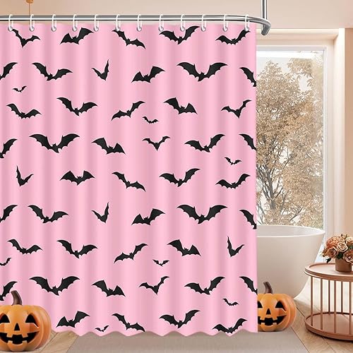 Miniatura 2 de MEHOFOND Cortina de ducha espeluznante de Halloween, decoración de Halloween, murciélagos negros y rosas, juego de cortina de ducha de tela