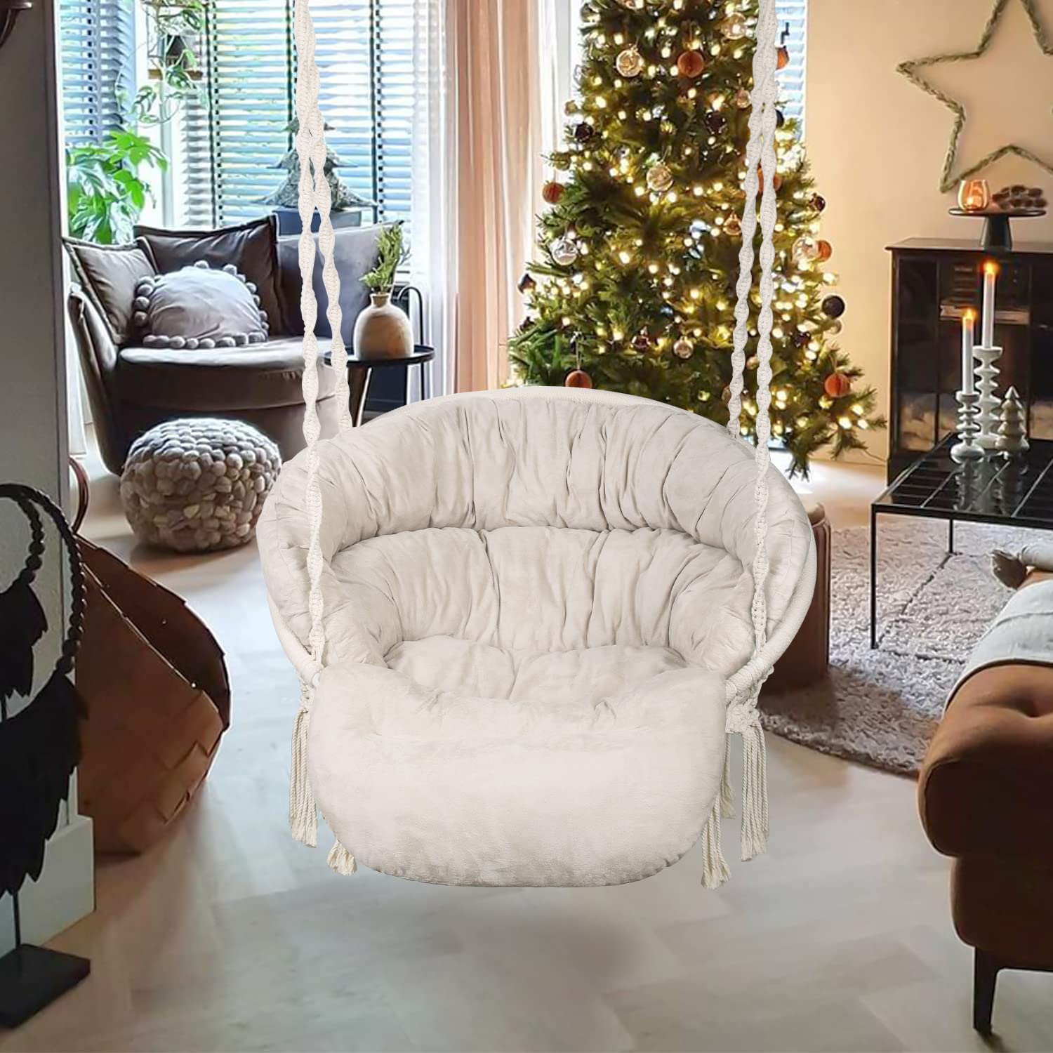 Bathonly Poltrona Sospesa, Portata 150 Kg, in Cotone con Cuscino, Sedia a dondolo in Macramè, Fatta a Mano con Kit di Accessori per Appendere, BohéMien, Giardino, Interni & Esterni, Beige