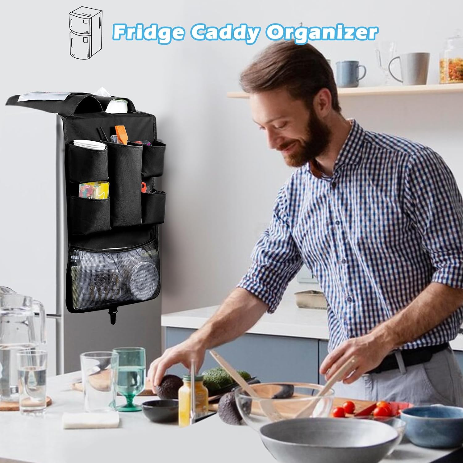 Mini Fridge Organizer 65" x 12.5" - Over The Fridge Storage With 16 Pockets - Organization and Storage for Pantry Goods, Utensils & More Office or Dorm Essentials