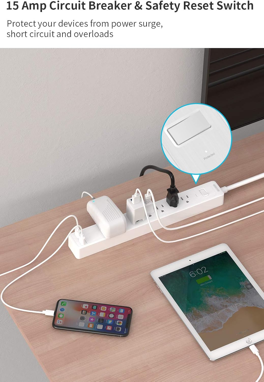 NTONPOWER 6 Outlet Surge Protector, 10 Ft Extension Cord, Flat Plug Power Strip with Widely Spaced AC Outlets and 2 USB Ports, 1875W/15A, 1080 Joules, Wall Mount Outlet Strip for Dorm, Home, Office
