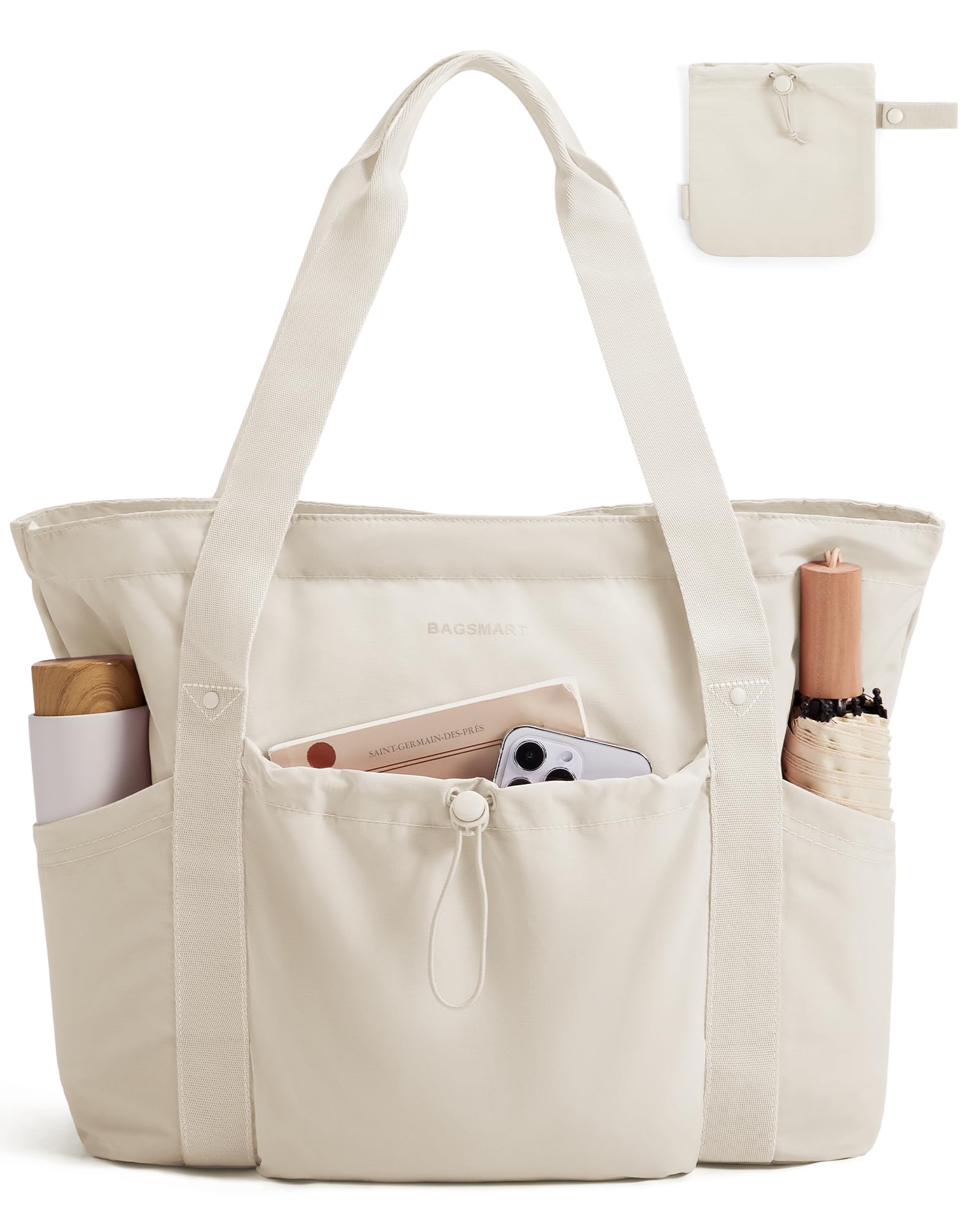 bagsmartTote Bag for Women, Foldable Tote Bag With Zipper Large Shoulder Bag Top Handle Handbag for Travel, Work, Shopping, Gym, Beige, Beige, L