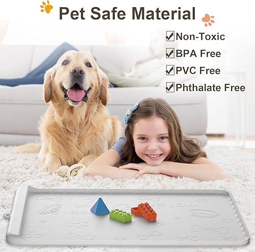 Miniatura 6 de Tapete de silicona para comida y agua para perros de 28 x 20 pulgadas con bolsillo para recolección de residuos, tapete impermeable para cuenco de