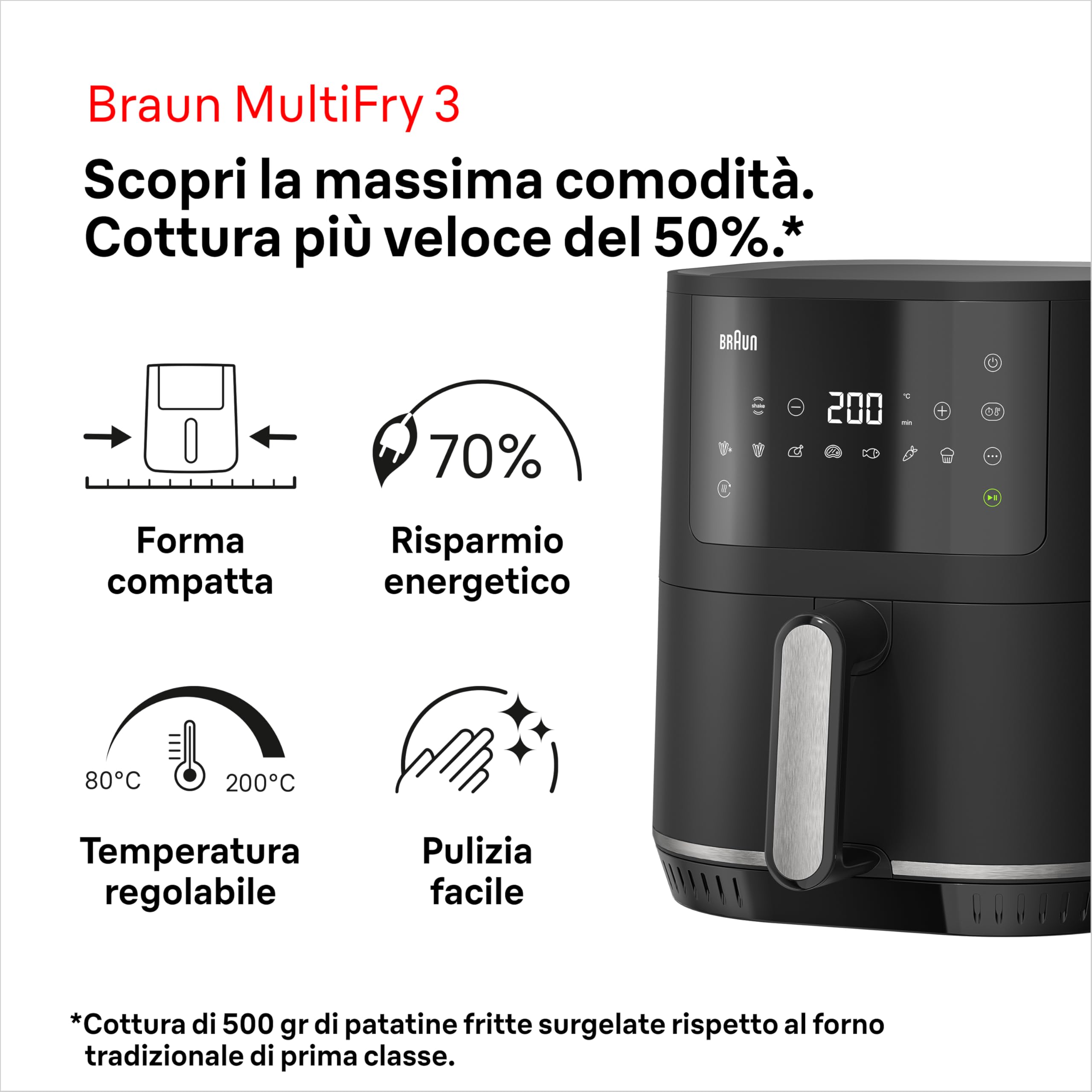Braun MultiFry 3 HF3030 NUOVA Friggitrice ad Aria, Airfryer da 4.3 L, Forno ad Aria, Controllo Temperatura 80-200°, Tecnologia RealAir, 8 Programmi Preimpostati, Controllo Touch, 1500W, Nero