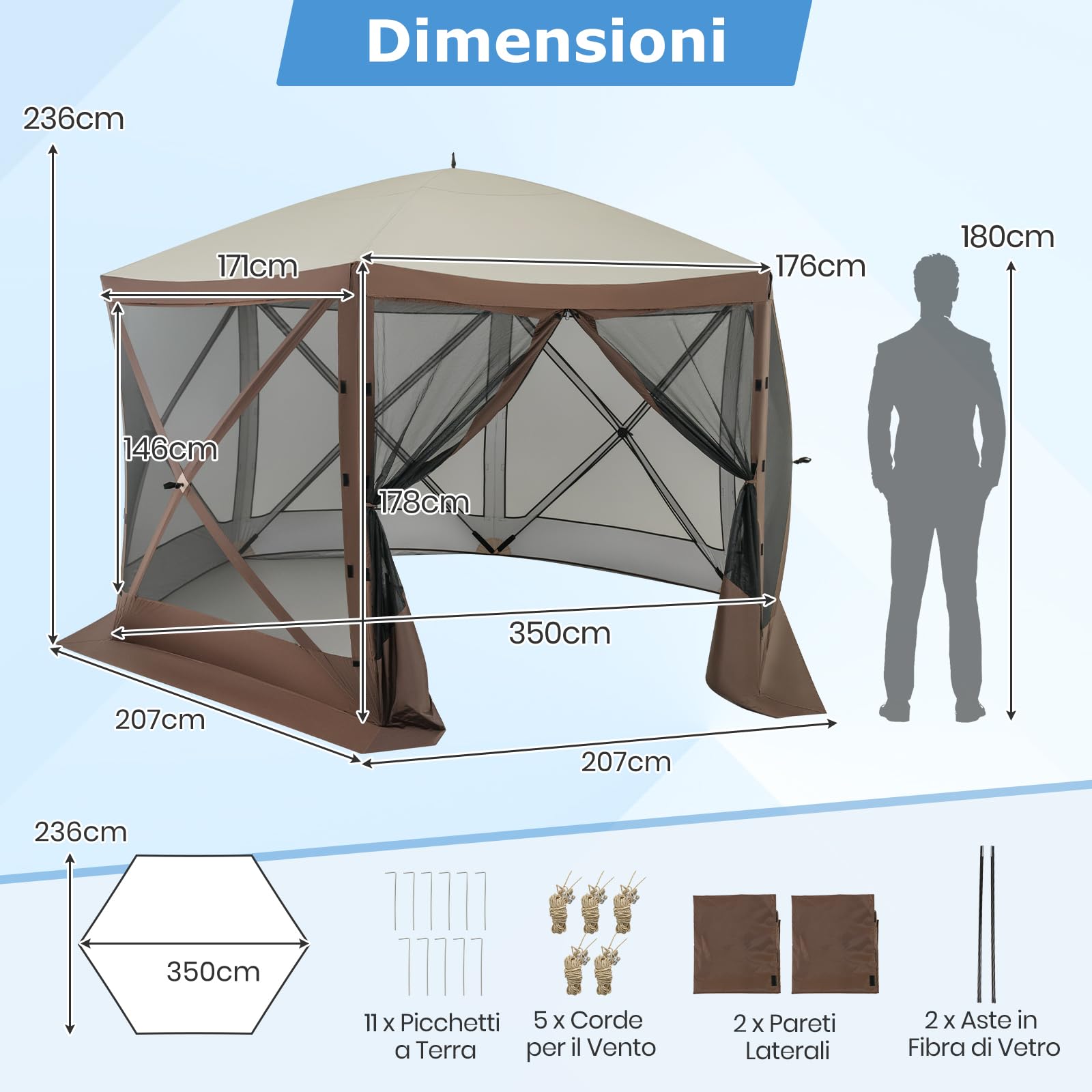 GYMAX Tenda da Campeggio per 6-8 Persone, Riparo Pop-up a 6 Lati con 2 Pannelli Frangisole Rimovibili, Tenda da Giardino Impermeabile e Antivento per Spiaggia e Giardino, 350 x 350 cm, Caffè