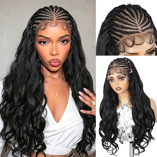 WIGER 13X6 Lace Front Light Yaki Curly Wigs Pre- braided Cornrow Curly Wig Baby Hair Long Natural Black Wavy Hair for Black Women Knotless Handmade Braid Frontal Wavy Wig