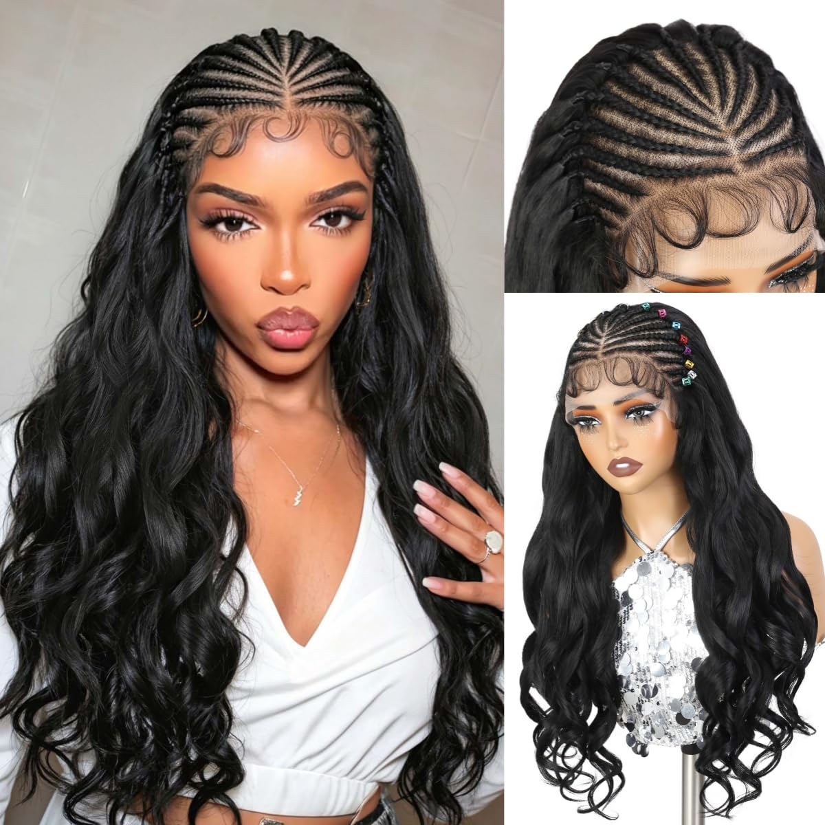 WIGER 13X6 Lace Front Wigs Black Knotless Handmade Braid Frontal Wavy Hair