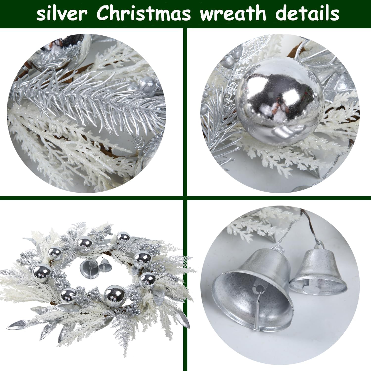 20" Silver Christmas Wreaths for Front Door, Silver Berry Leaves Bells Balls Xmas Wreath with White Fake Pampas Grass, Door Reef for Windows Fireplaces Walls, Front Porch Indoor and Outdoor - Image 3