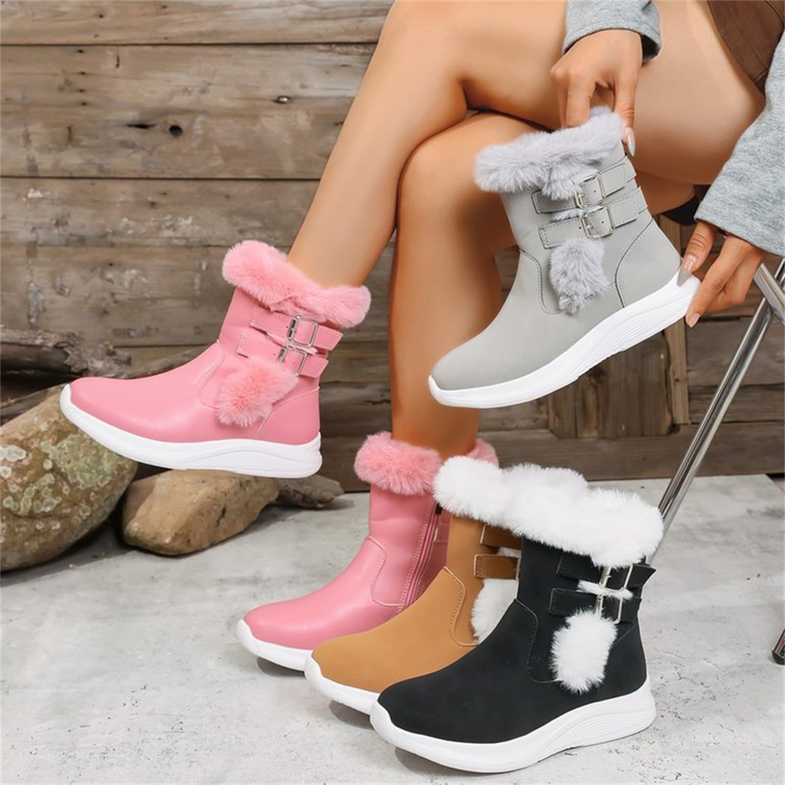 Botas de nieve forradas para mujer, botas de invierno de caña corta Botas