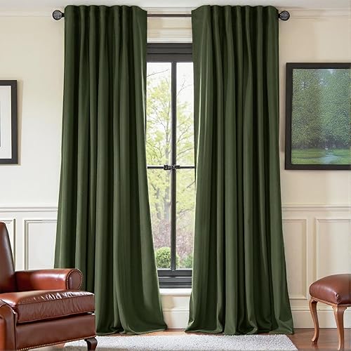 Nemia Olive Green Velvet Curtains Thermal Insulated Blackout Curtain for Bedroom Window Living Room Darkening Luxury Vintage 84 Inches Long Heavy Drapes Panels Back Tab Set of 2