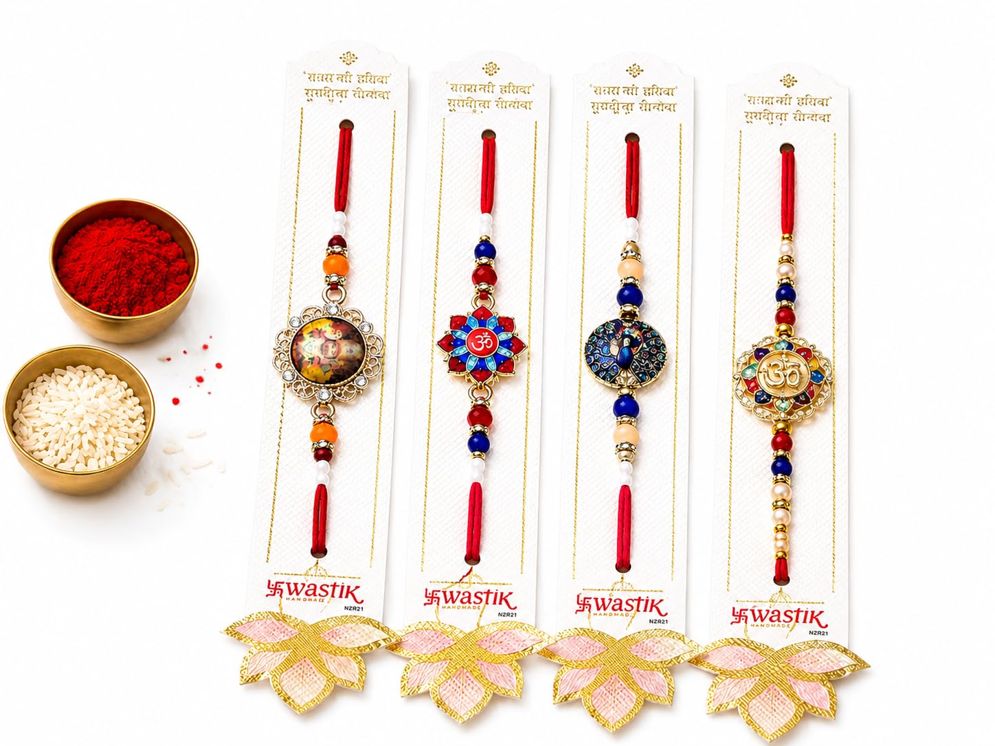 Pack of 4 Designer Religious Rakhi for Brother | Om Rakhii, Khatu Shyam Ji Rakhii Combo | Premium Fancy Raksha Bandhan Rakhi Set with Free Roli Chawal Tilak | Traditional Bhai Rak-image-14