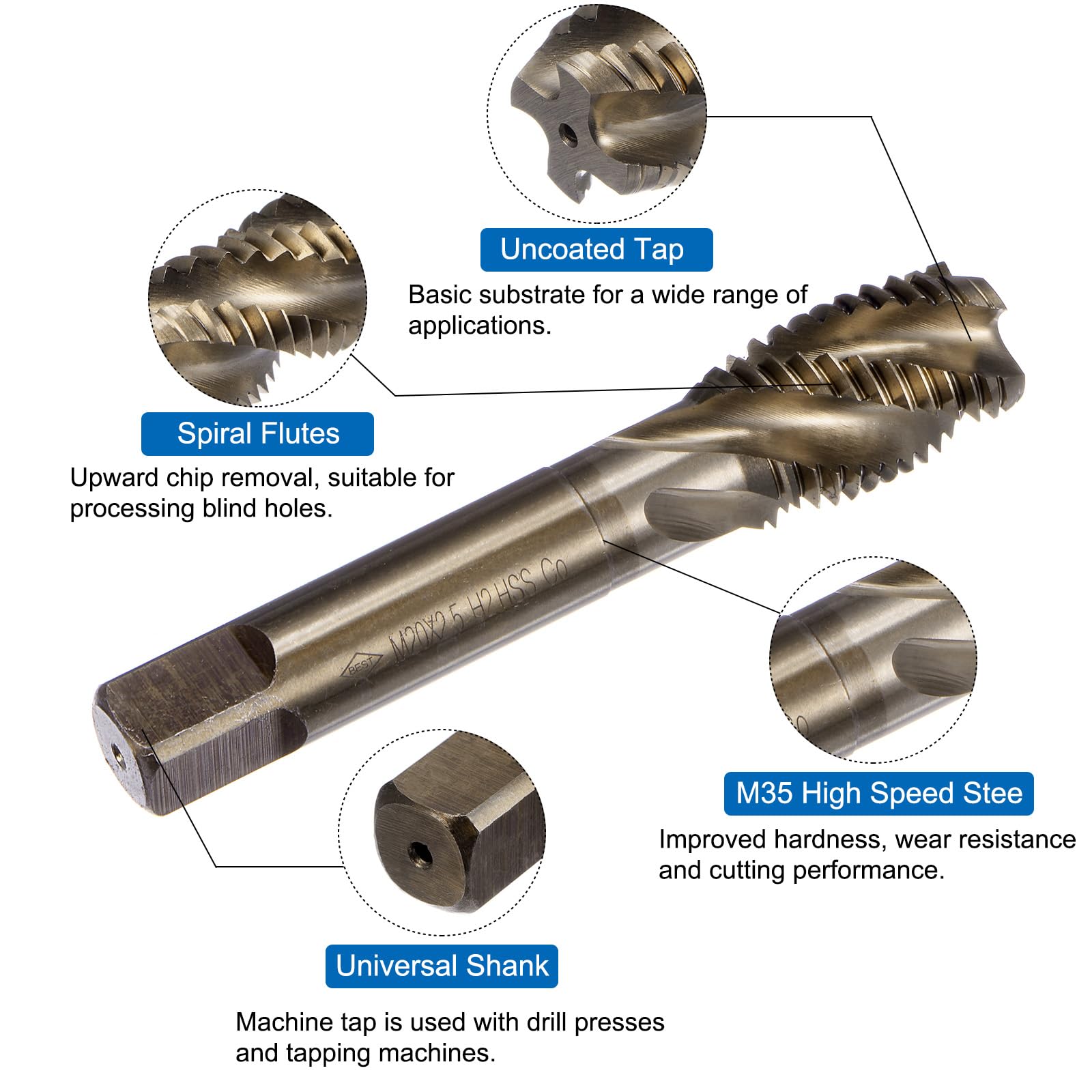 QUARKZMAN Tarauds à Filetage en Spirale Métrique, M20 x 2,5 H2, Outils de Taraudage pour Machiniste (Acier Rapide M35 au Cobalt (Hss-Co), Non Revêtu)