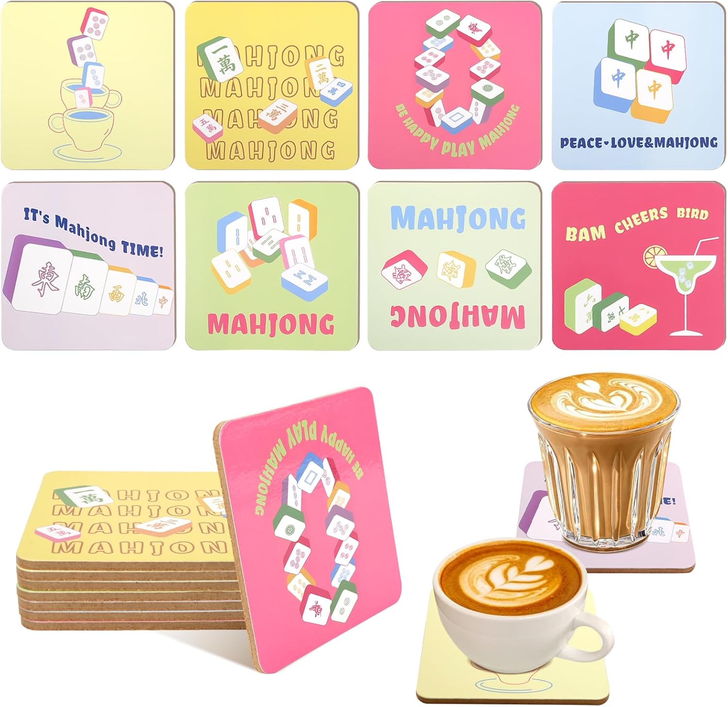 8pcs Mahjong Coasters for Drink Mahjong Lovers, 3.94 x 3.94 Inch