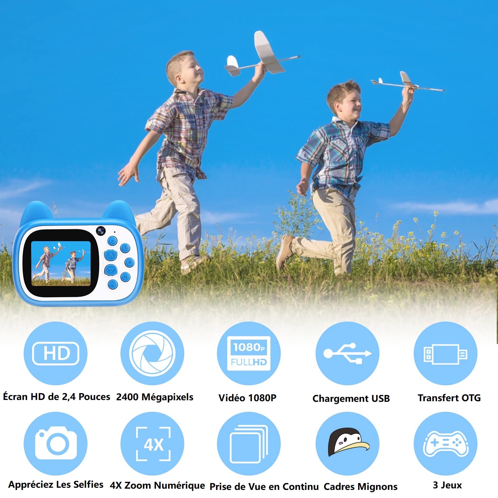 Aparat cyfrowy dla dziewcząt i chłopców, podwójny obiektyw HD 1080P, karta SD 32G, rejestrator wideo dla dzieci jako prezent na Boże Narodzenie, urodziny lub festiwal (niebieski)