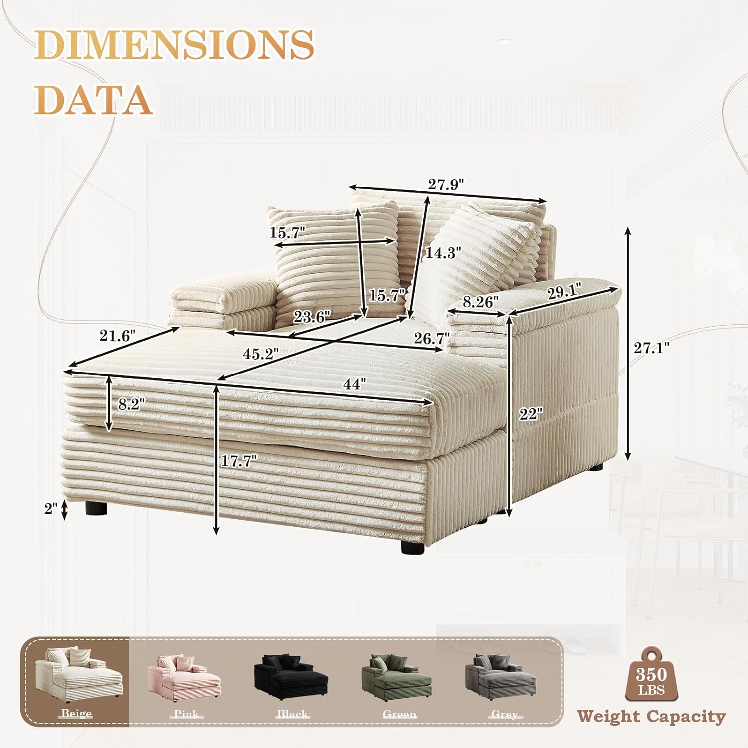 Dimensions diagram of the JEEOHEY Chaise Lounge and Ottoman