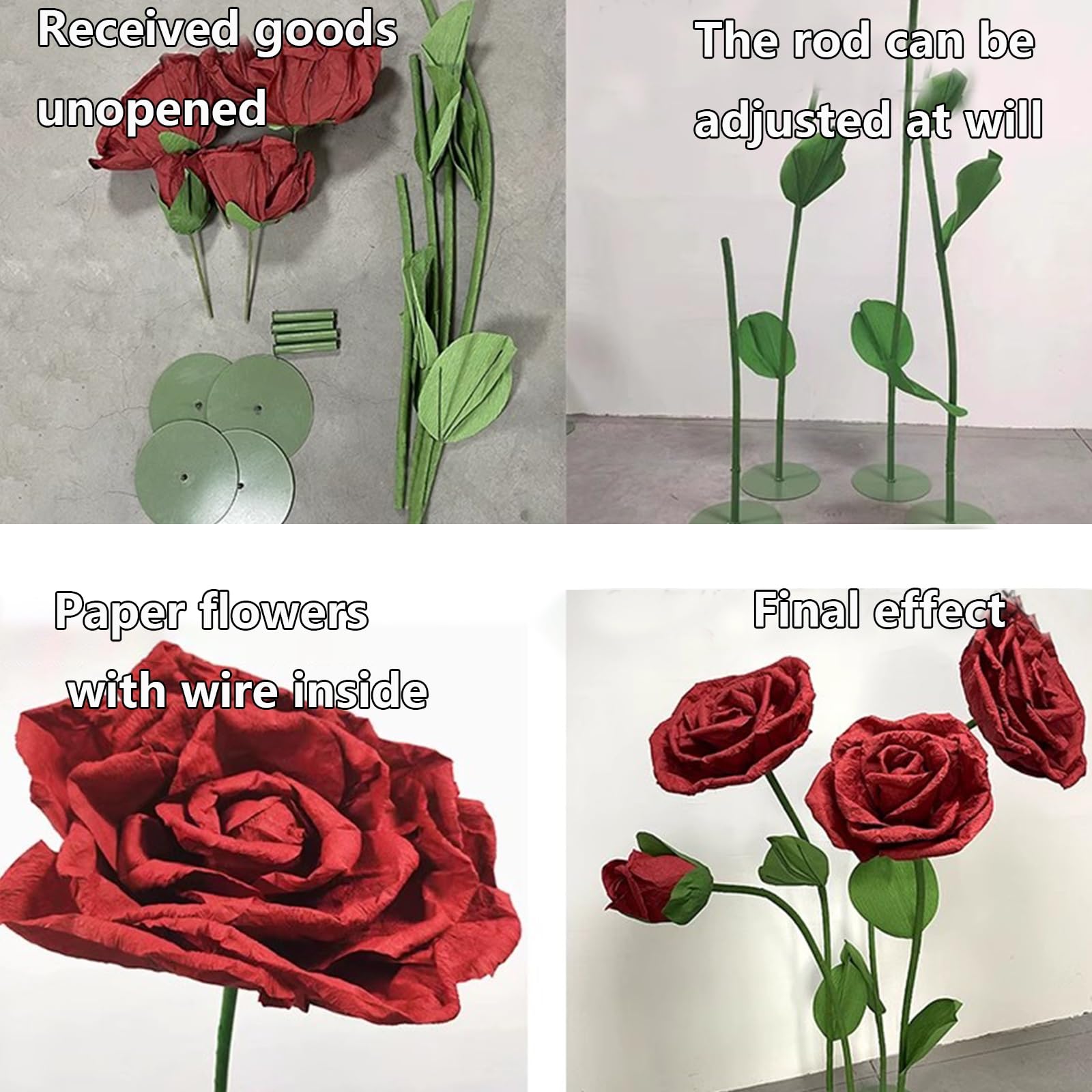 Fiori decorativi per feste, rose di carta con base in piedi per ricevimenti di nozze e sfondo banchetto
