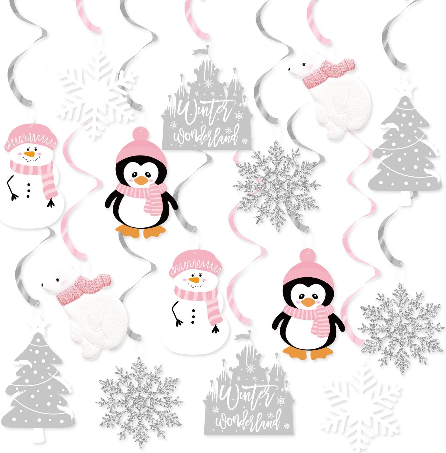 Winter Wonderland Hanging Swirl Decorations, Girls Winter Birthday Decorations, Christmas Snowflake Polar Bear Snowman Penguin Hanging Ornament for Winter Baby Shower Christmas Party Supplies