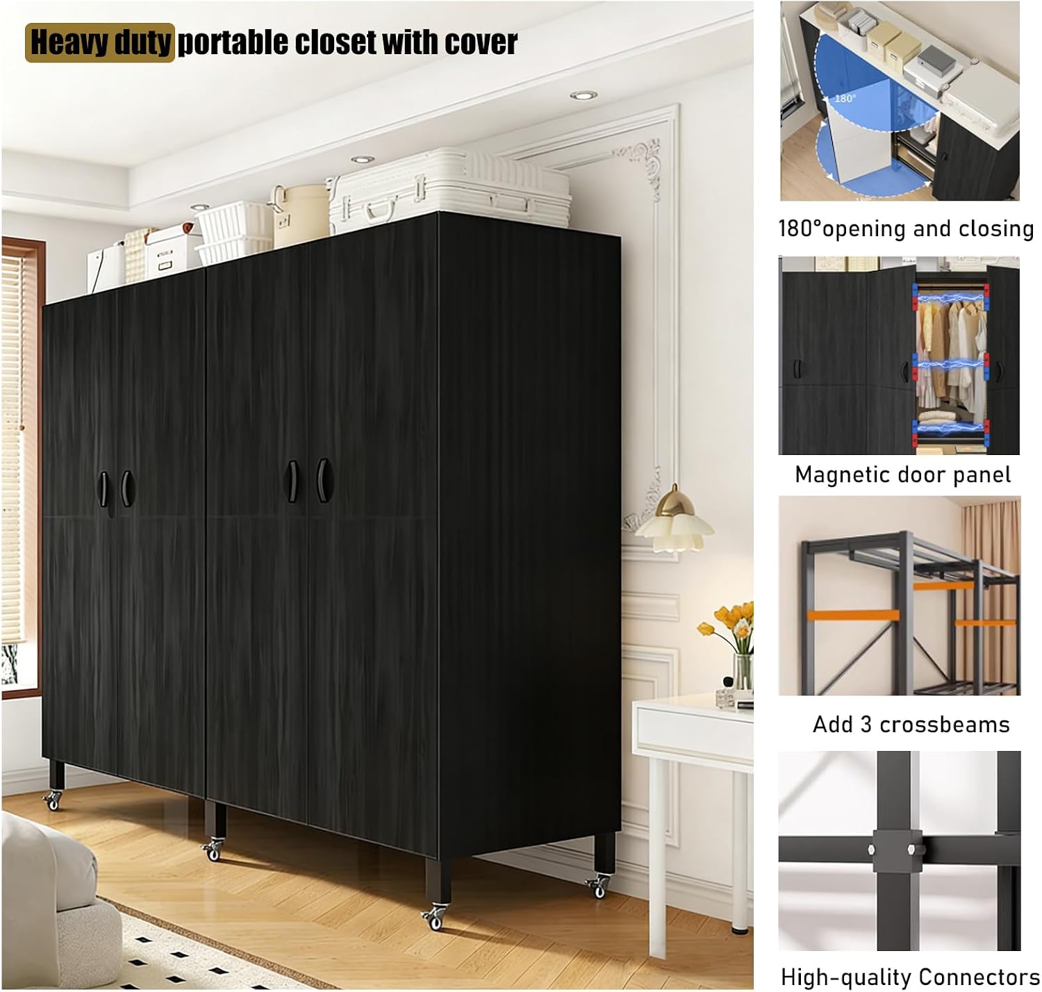 Heavy Duty Clothes Rack with Magnetic Door, for Hanging Clothes, Foldable Portable Wardrobe Closet, Rolling Black Metal Garment Rack on Wheels Closet System (Black Door, 71''L x 20.47''W)