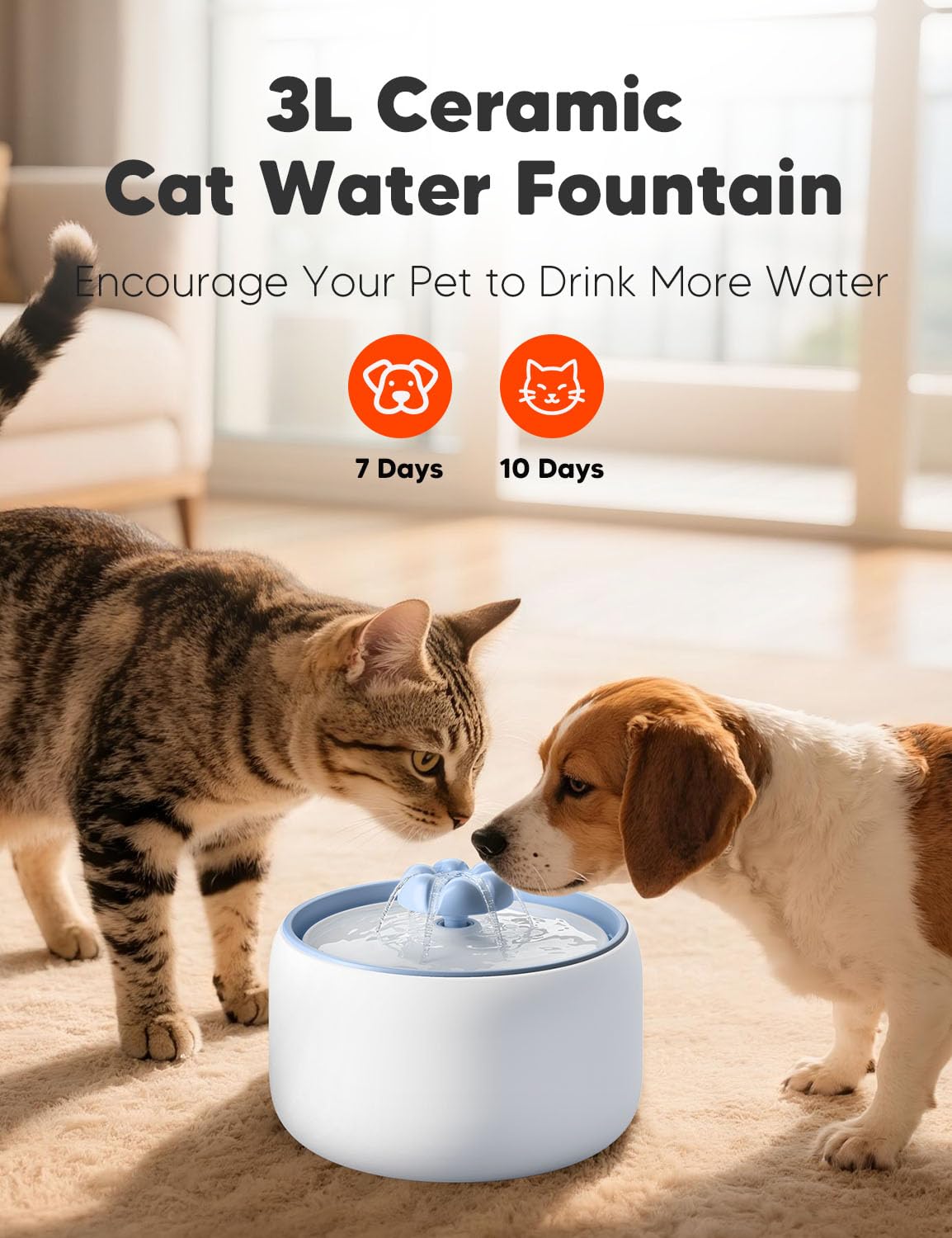 WOPET Fontana d'acqua in ceramica per gatti, 3 l, W03 Lite, elegante fontana per animali domestici, dispenser d'acqua per gatti e cani, ultra silenziosa, facile da pulire e assemblare bianco blu