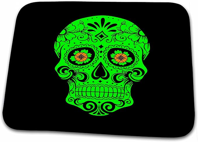 3dRose Bathroom Bath Rug Mat - Day of The Dead. Green and Black. Sugar Skull