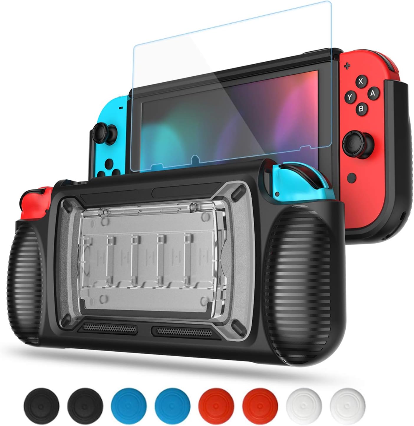Dockable Case for Nintendo Switch, Rosoz TPU Nintendo Switch Protector Cover Case with a Screen Protector,Holds 7 Games Cartridges - Transparent