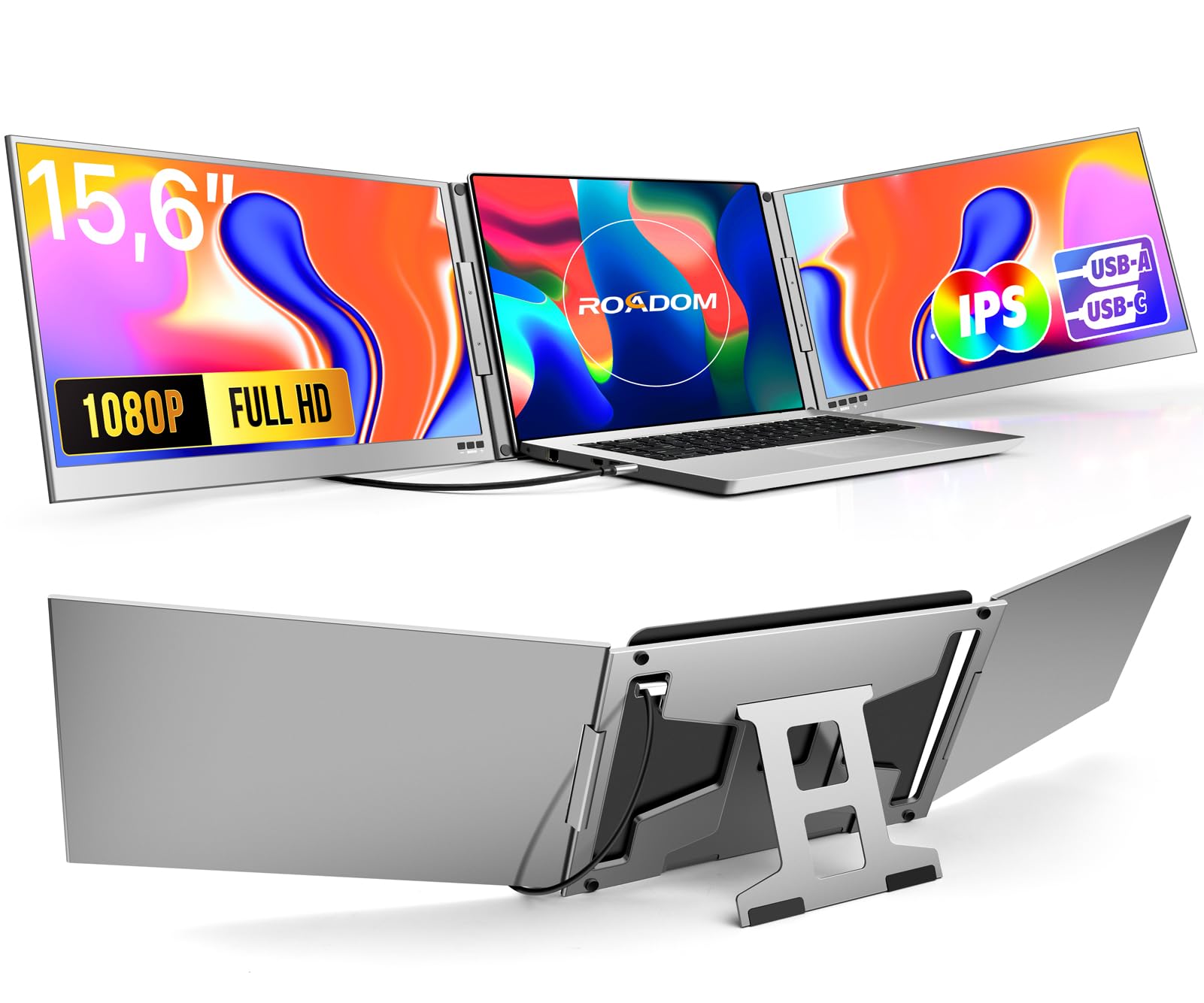 ROADOM 15,6" Dual Laptop Monitor, 1080P FHD IPS, Type-C, Aluminiumlegierung | 2-Bildschirm-Erweiterung, 1080P FHD IPS, Type-C & USB-A, 360° Drehbar, Faltbar, Aluminium, Win/Mac/Android/ChromeOS